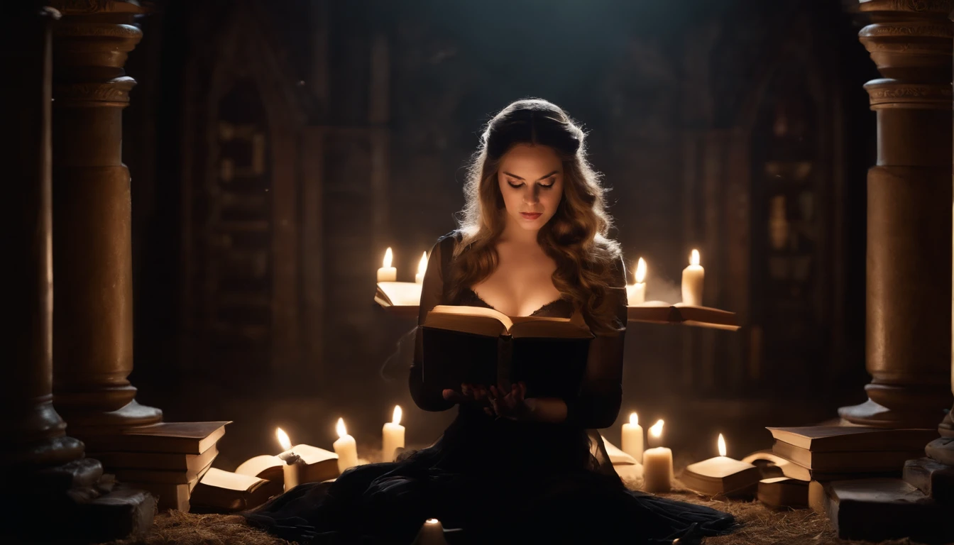 a womone)), sitting on the ground surrounded by books, flying books, books flying around, books swirling around her in a circle, candles in a circle pentagram around her, spell casting, spell book pose, black gothic dress. Angry face, high quality fantasy, flying magic books, book portrait, dramatic reading book pose, reading, sitting in the forrest, night time, moonlight