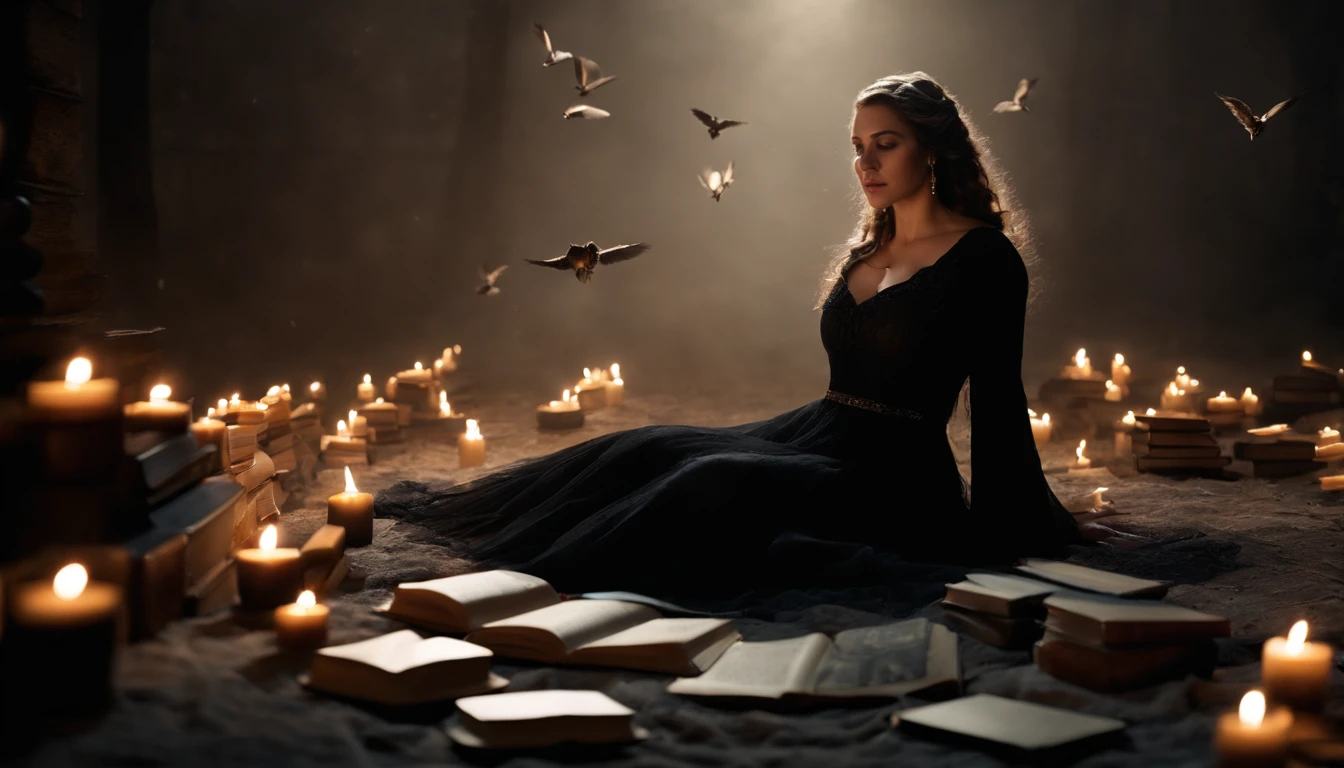 a womone)), sitting on the ground surrounded by books, flying books, books flying around, books swirling around her in a circle, candles in a circle pentagram around her, spell casting, spell book pose, black gothic dress. Angry face, high quality fantasy, flying magic books, book portrait, dramatic reading book pose, reading, sitting in the forrest, night time, moonlight