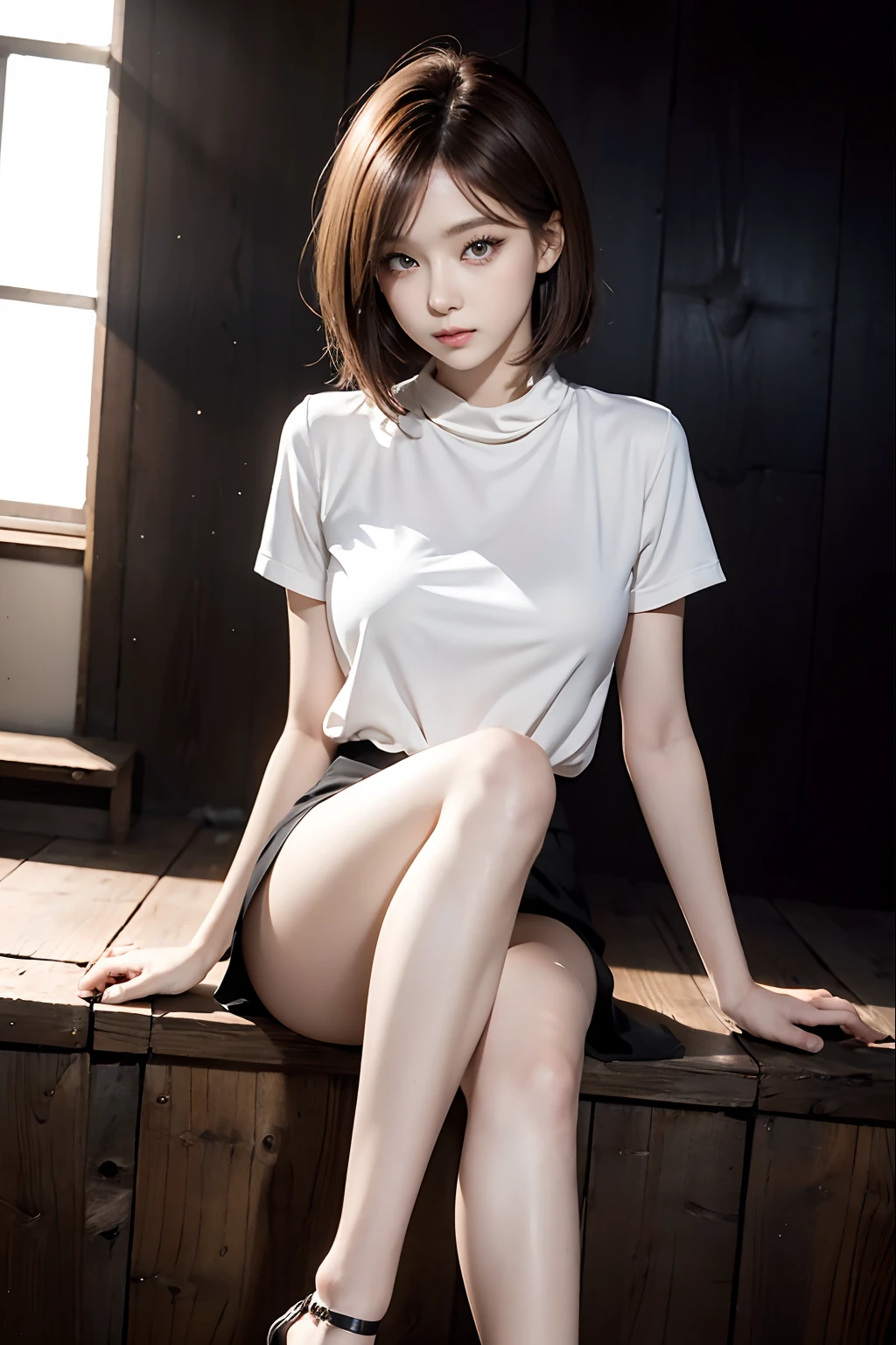 Top image quality、Raw photography、超A high resolution、An 18-year-old woman、Shooting for one person only、modelshoot、Autumn outfit、Beautiful Eyes of Details、very elongated eyes、Beautiful eyelashes、Beautiful double eyelids、Black walls、very slender legs、Shorthair with light brown hair、very slender physique、