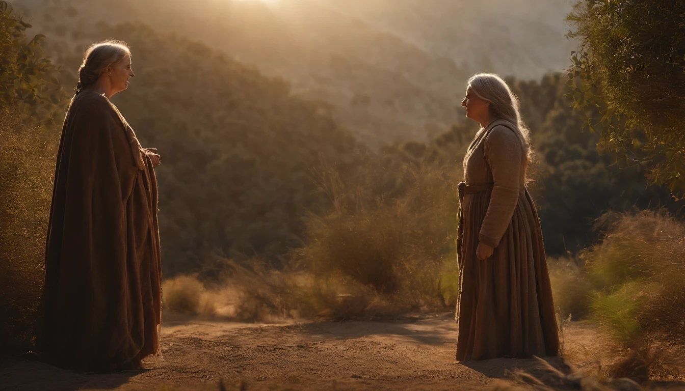 Ruth is a woman and biblical character, Ruth is talking to another older woman, They are people of Israel, They're wearing their old robes., The older woman is sad, Ruth is helping the older woman, They're in a sunny place, are in a spacious place, they are in a place with little vegetation, lighting dramatic, The image is rendered in the highest quality, maximum detail, Maximum lighting quality, maximum detail, imagem realista , Maximum realism, Texture and overall composition, imagem 8k, imagem 16k