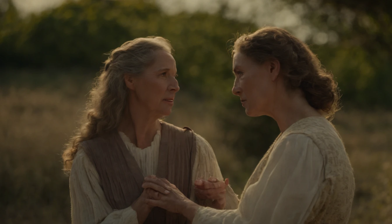 Ruth is a woman and biblical character, Ruth is talking to another older woman, They are people of Israel, They're wearing their old robes., The older woman is sad, Ruth is helping the older woman, They're in a sunny place, are in a spacious place, they are in a place with little vegetation, lighting dramatic, The image is rendered in the highest quality, maximum detail, Maximum lighting quality, maximum detail, imagem realista , Maximum realism, Texture and overall composition, imagem 8k, imagem 16k
