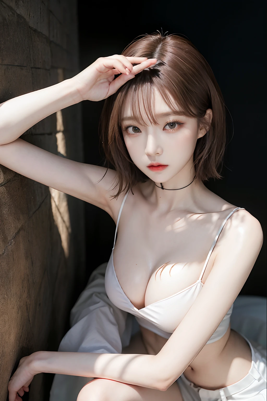 Top image quality、Raw photography、超A high resolution、An 18-year-old woman、Shooting for one person only、modelshoot、round breast、Autumn outfit、Beautiful Eyes of Details、very elongated eyes、Beautiful eyelashes、Beautiful double eyelids、Black walls、very slender legs、Shorthair with light brown hair、very slender physique、