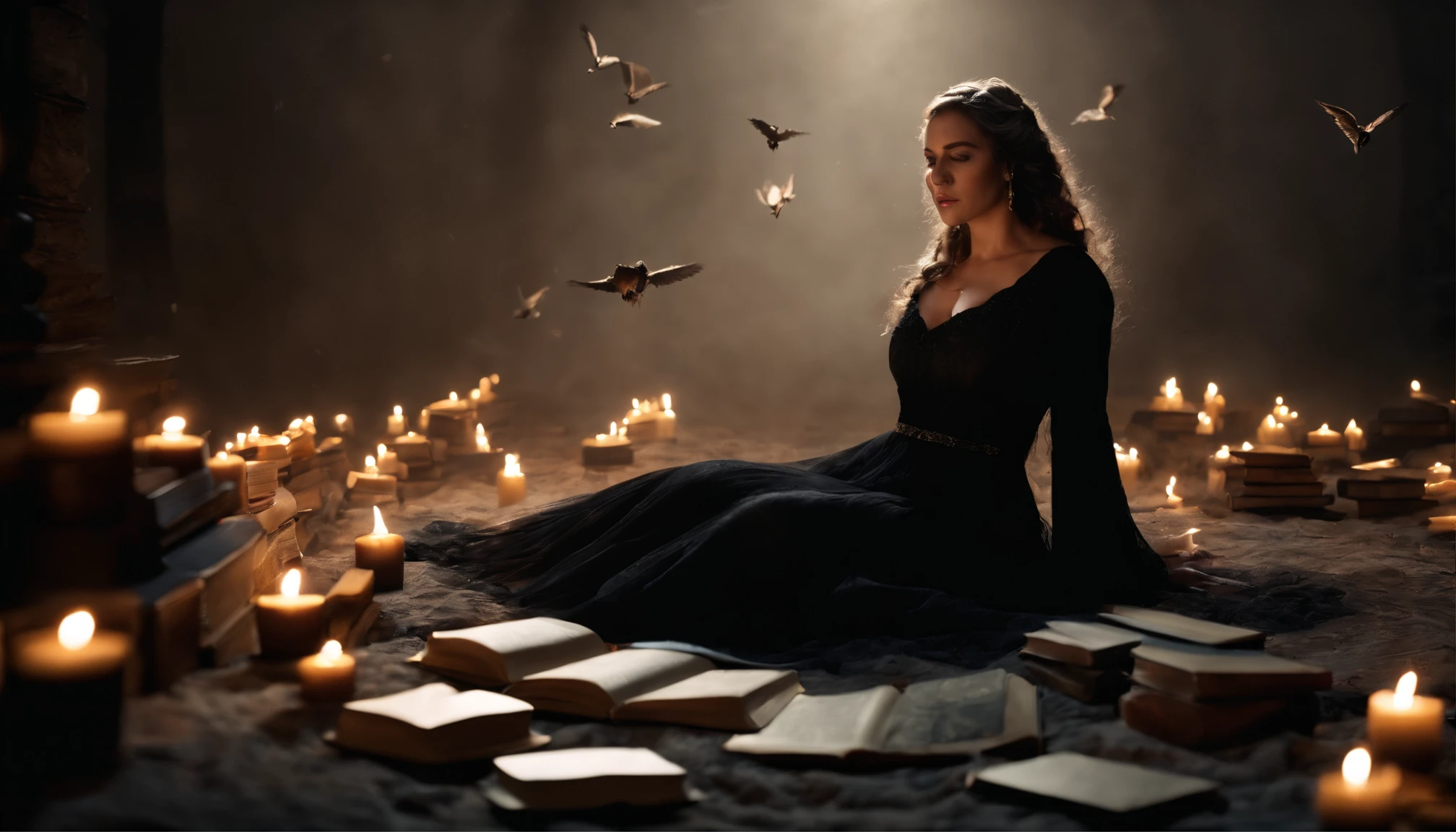 a womone)), sitting on the ground surrounded by books, flying books, books flying around, books swirling around her in a circle, candles in a circle pentagram around her, spell casting, spell book pose, black gothic dress. Angry face, high quality fantasy, flying magic books, book portrait, dramatic reading book pose, reading, sitting in the forrest, night time, moonlight