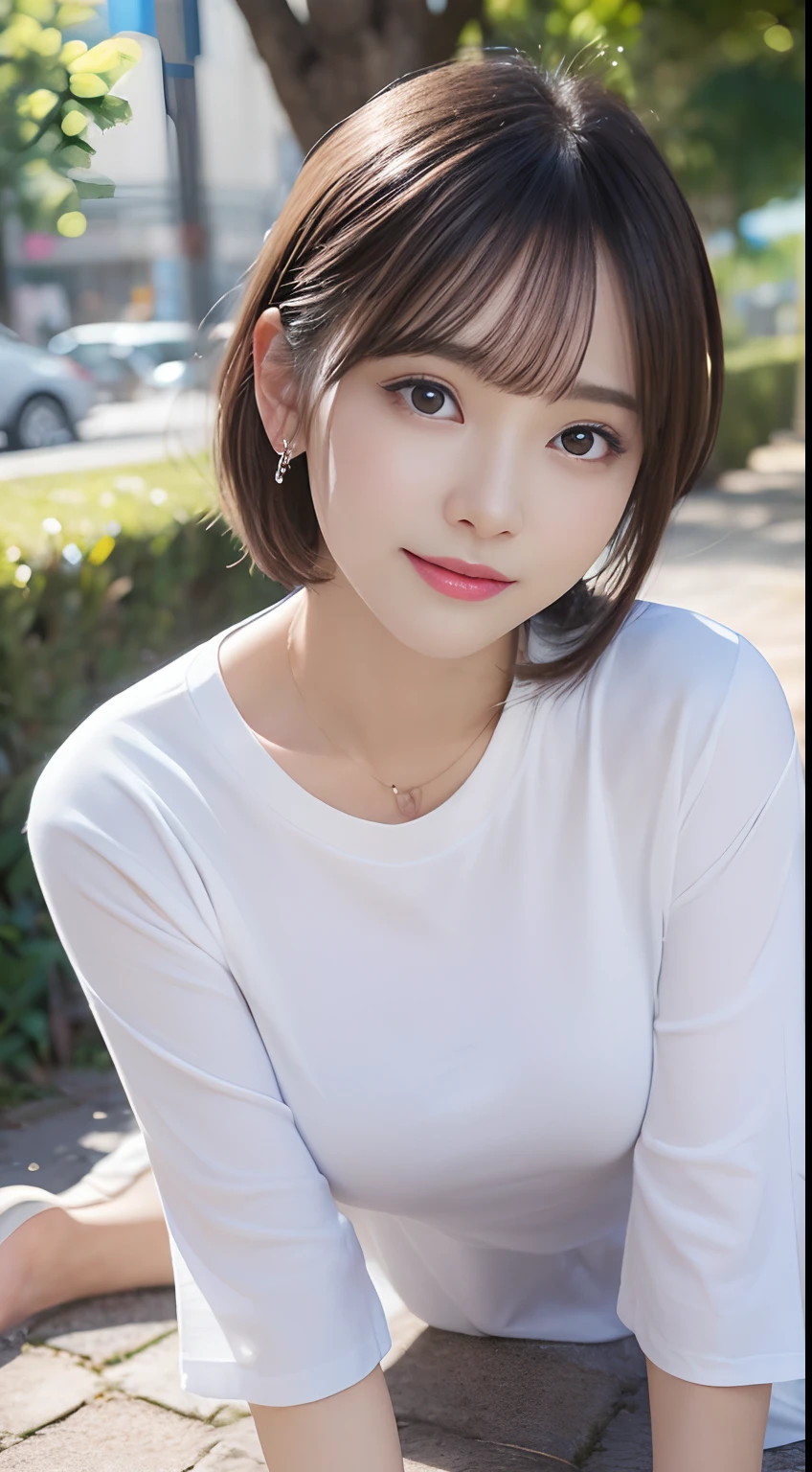 Innocent 20 year old girl、((Oversized white T-shirt,Dramatic poses)),Smile,short-cut,Park background、Raw photo, (8K、top-quality、​masterpiece:1.2)、(intricate detailes:1.4)、(Photorealsitic:1.4)、octane renderings、Complex 3D rendering ultra detail, Studio Soft Light, large full breasts、skirt by the、Rim Lights, vibrant detail, super detailing, realistic skin textures, Detail Face, Beautiful detail eyes, Very detailed CG Unity 16k wallpaper, make - up, (detailedbackground:1.2), shinny skin, Full body、From head to thigh、cleavage of the breast,((getting on all fours、stick out buttocks、Put your hands on the ground))、visible、