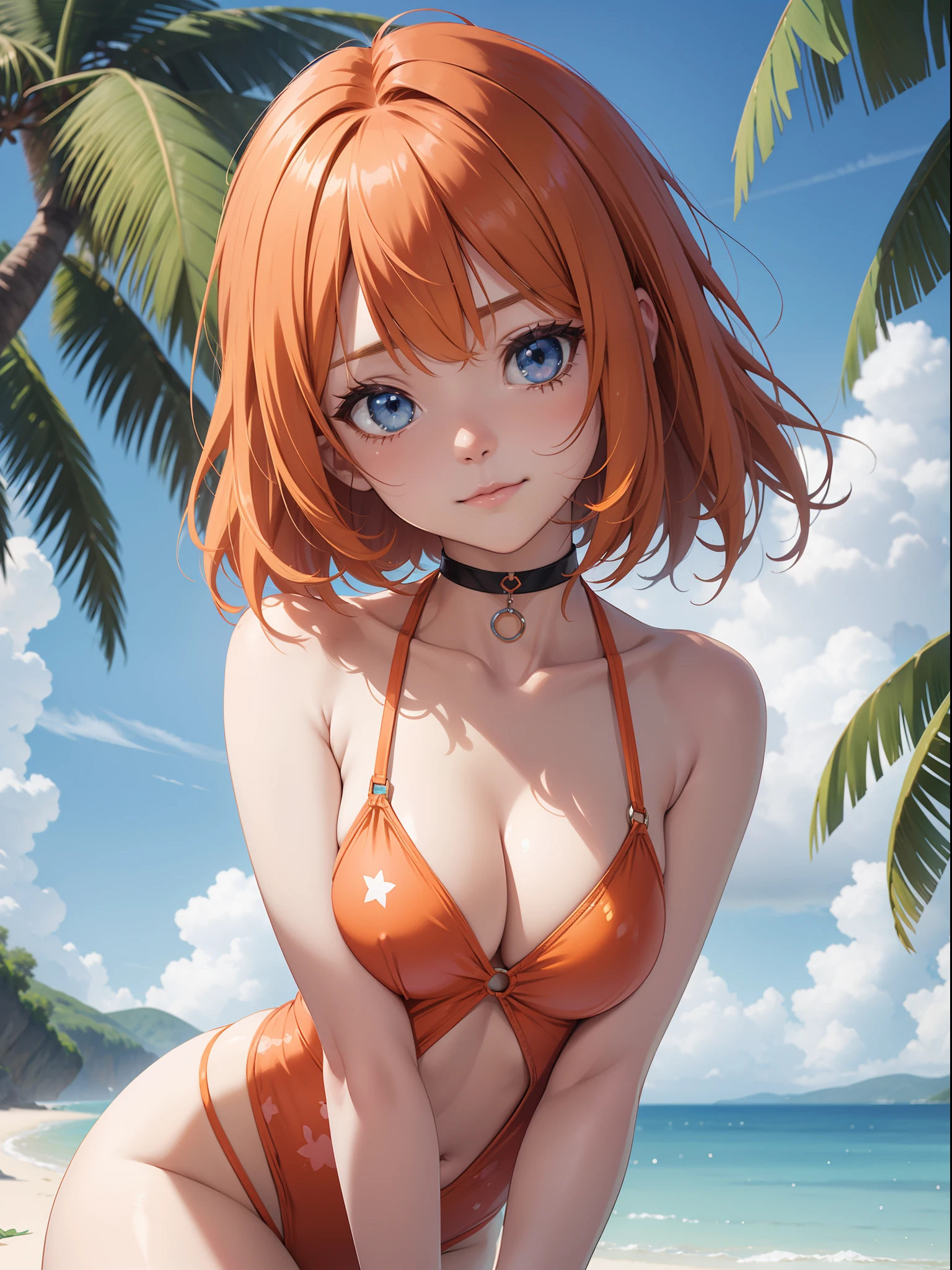 Official art、Top quality ultra-detailed CG art、a beauty girl:1.2)、Orange hair、Glossy hair、smooth hair、large blue eyes,Mid summer、kawaii、The sky is beautiful、Cute、bob cuts、Pink choker、Shiro colored swimsuit、ssmile、