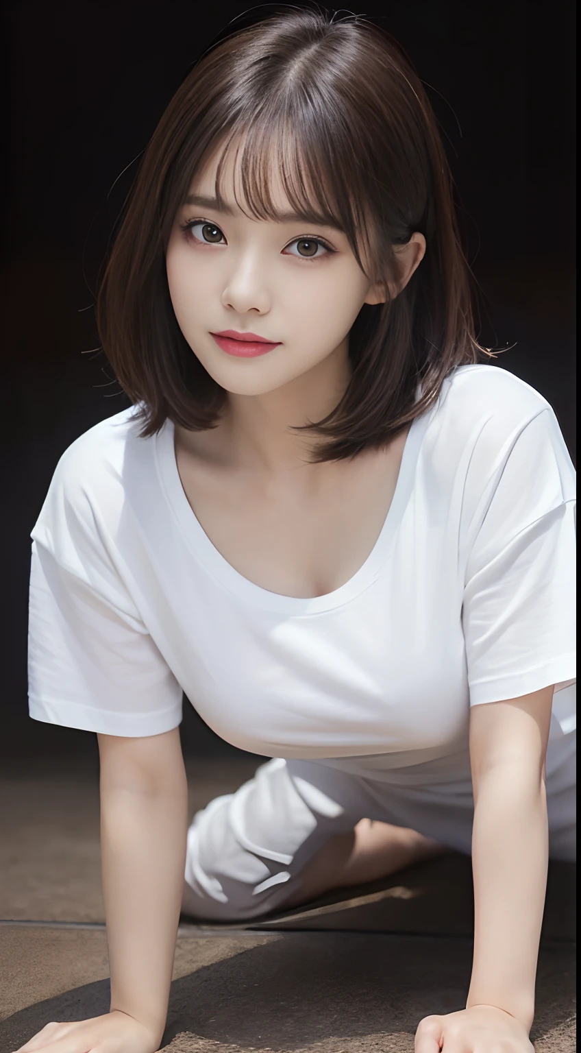 Innocent 20 year old girl、((Oversized white T-shirt,Dramatic poses)),Smile,short-cut,Park background、Raw photo, (8K、top-quality、​masterpiece:1.2)、(intricate detailes:1.4)、(Photorealsitic:1.4)、octane renderings、Complex 3D rendering ultra detail, Studio Soft Light, large full breasts、skirt by the、Rim Lights, vibrant detail, super detailing, realistic skin textures, Detail Face, Beautiful detail eyes, Very detailed CG Unity 16k wallpaper, make - up, (detailedbackground:1.2), shinny skin, Full body、From head to thigh、cleavage of the breast,((getting on all fours、stick out buttocks、Put your hands on the ground))