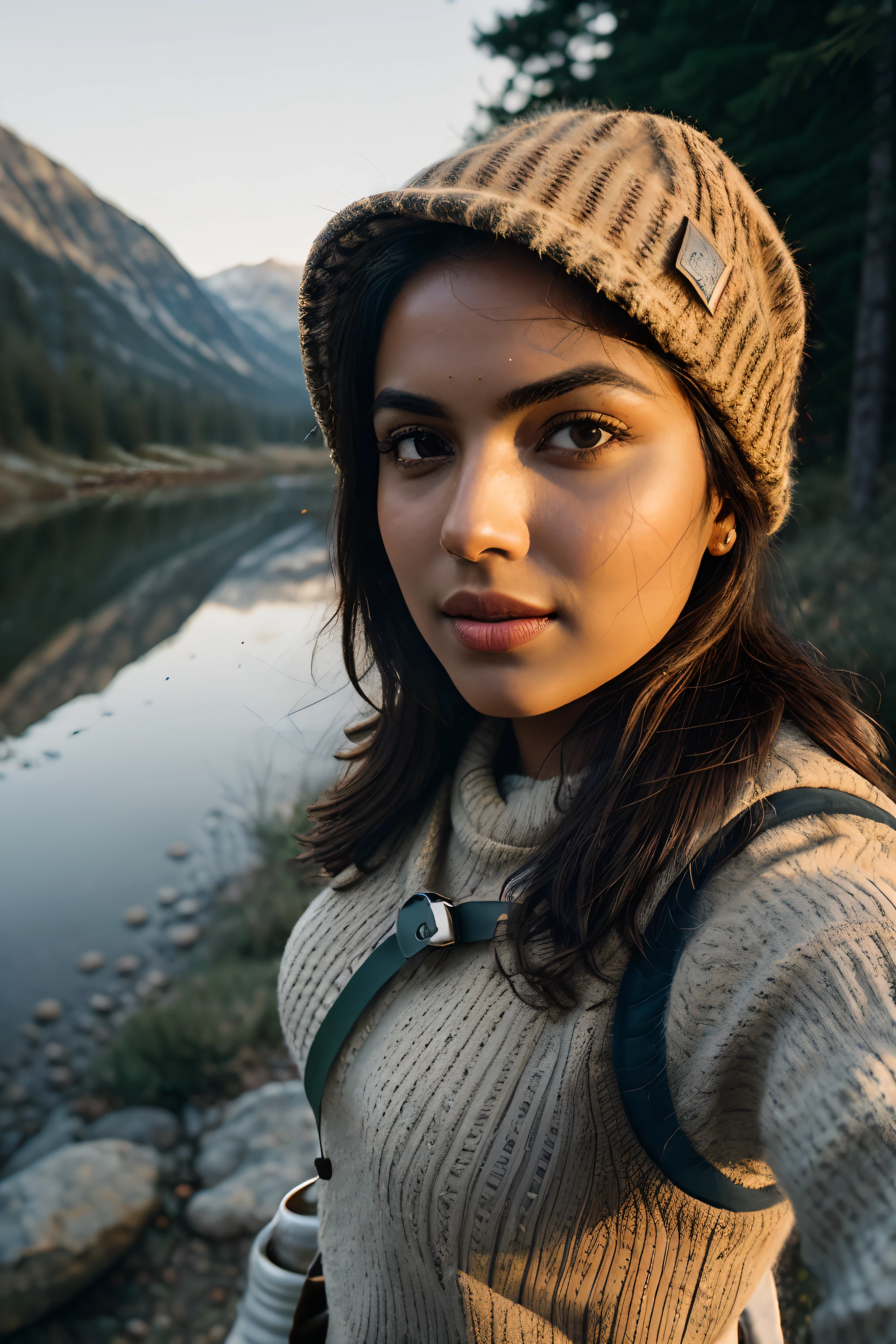 Amala Paul ((upper body selfie, happy)), masterpiece, best quality, ultra-detailed,  solo, outdoors, (night), mountains, nature, (stars, moon)   cheerful, happy, backpack, sleeping bag, camping stove, water bottle, mountain boots, gloves, sweater, hat, flashlight, forest, rocks, river, wood, smoke, shadows, contrast, clear sky,
analog style (look at viewer:1.2)  (skin texture)
(film grain:1.3), (warm hue, warm tone)