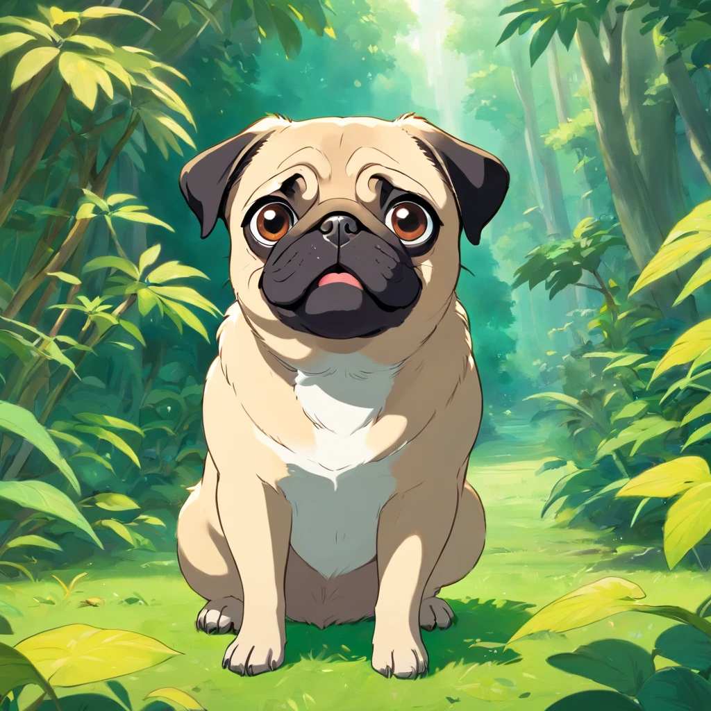 A pug looking into the camera with a look of surprise and confusion, Looking with his head turned sideways, num lindo jardim