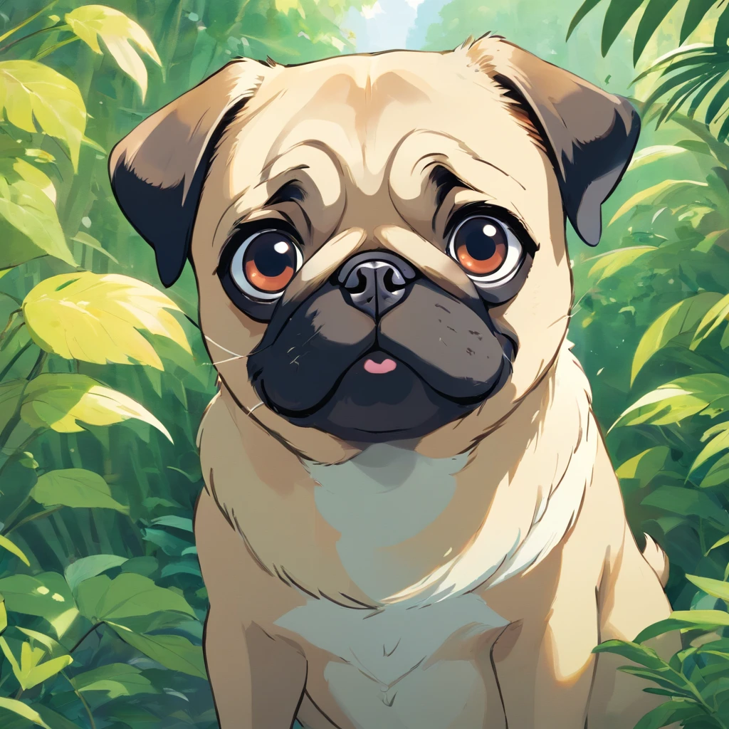 A pug looking into the camera with a look of surprise and confusion, Looking with his head turned sideways, num lindo jardim