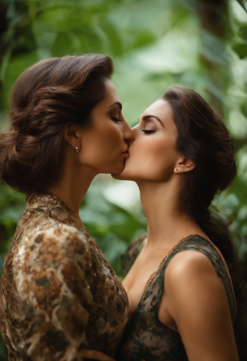 Women with breasts on display kissing, enquanto um homem com ar dominador as observa