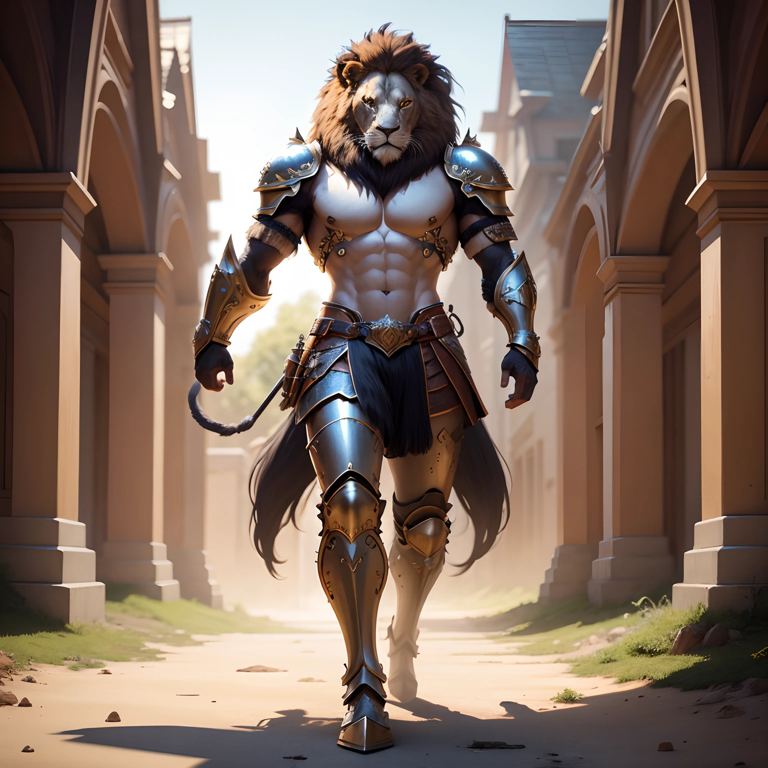 Cute lion warrior in realistic 4K armor, full entire body,Super Detailed, Vray Display, Unrealistic engine, Midjourney Art Style.