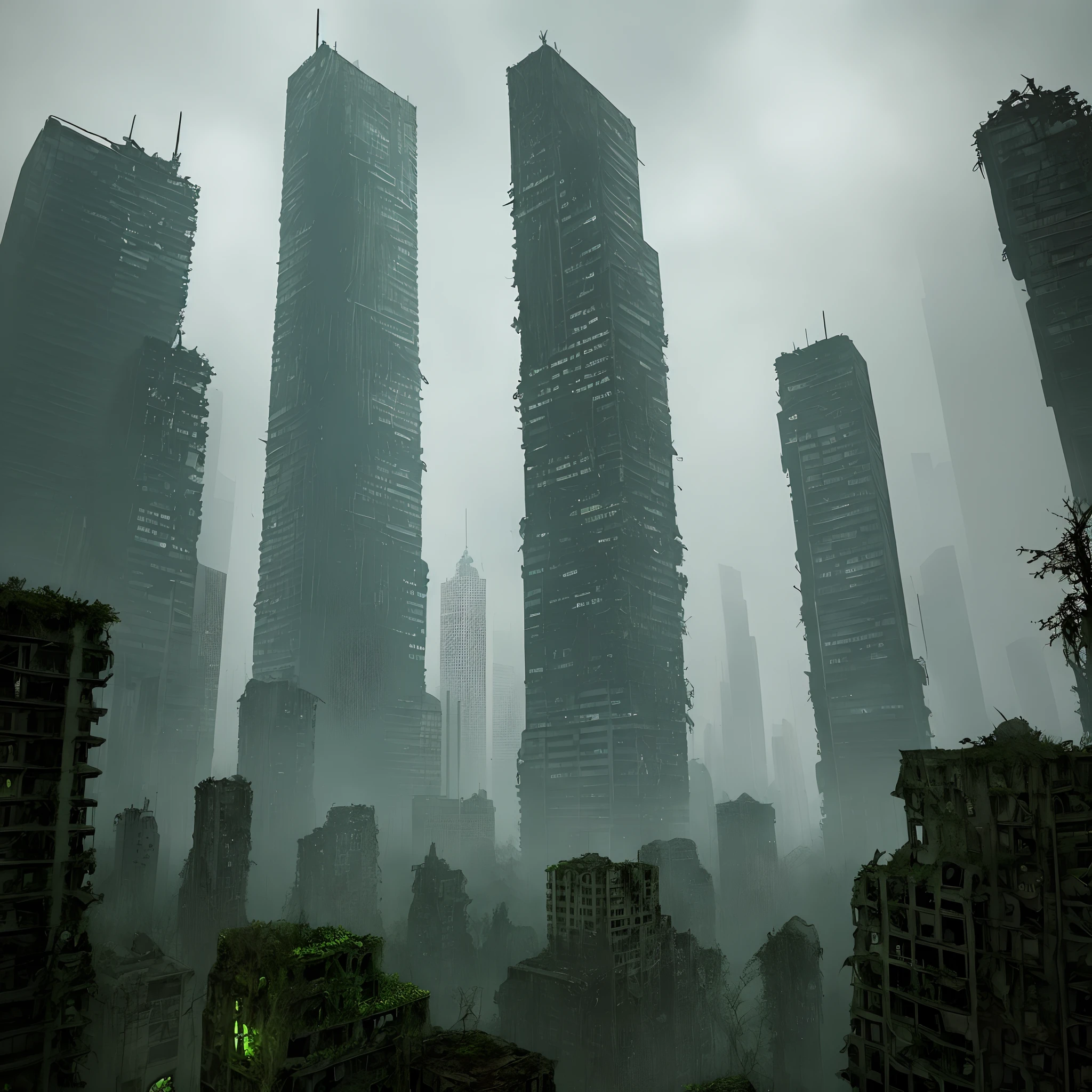 Abandoned skyscrapers and ruins taken over by nature and ghosts in a city long forgotten and decaying, create an eerie and unsettling atmosphere with an emphasis on creepers and decay.