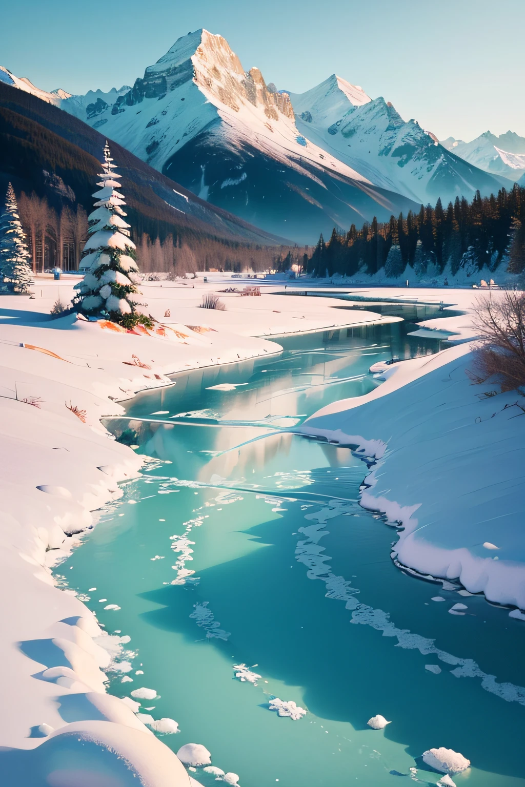 Frozen world, mint green snow and water. Snow is always following, the plants are never green, always shaped of purple, blue, yellow, red, orange ect. The mountains are puple, bpink and blue with mint green tips from the snow that covers it.