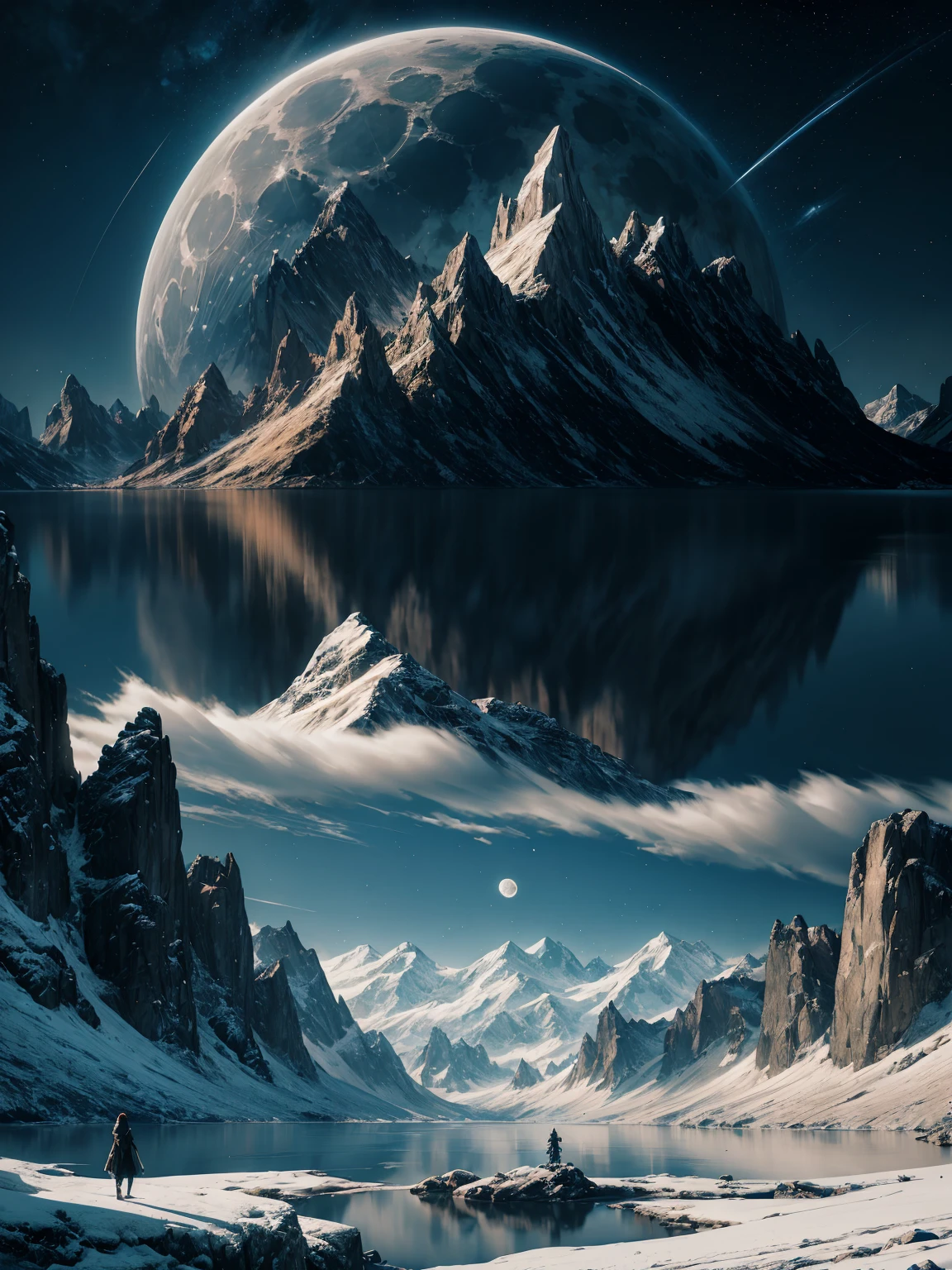 mountains and a lake with a moon in the sky, 4k highly detailed digital art, 4 k hd wallpaper very detailed, impressive fantasy landscape, sci-fi fantasy desktop wallpaper, unreal engine 4k wallpaper, 4k detailed digital art, sci-fi fantasy wallpaper, epic dreamlike fantasy landscape, 4k hd matte digital painting, 8k stunning artwork