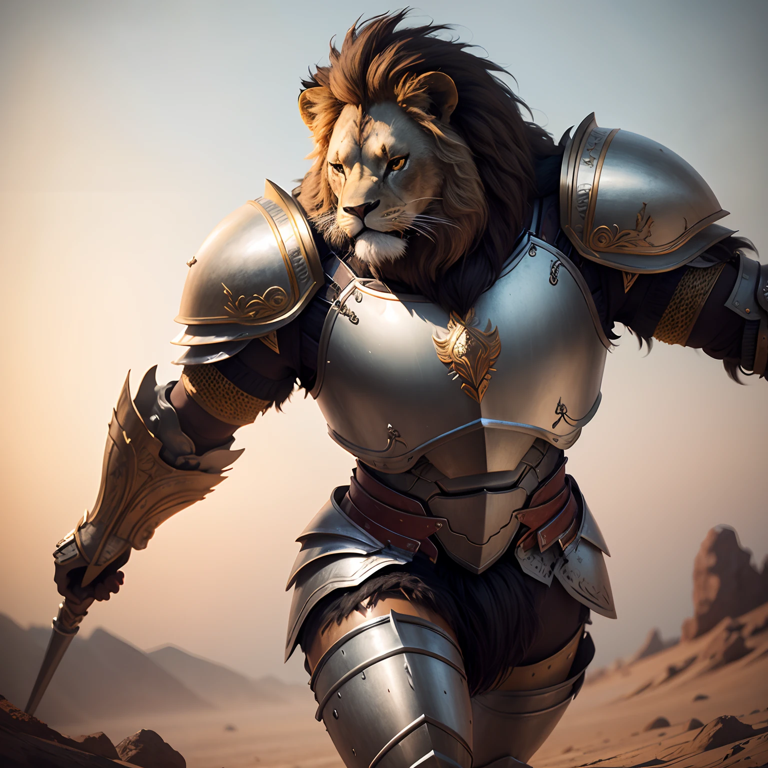Cute lion warrior in realistic 4K armor, full entire body,Super Detailed, Vray Display, Unrealistic engine, Midjourney Art Style.