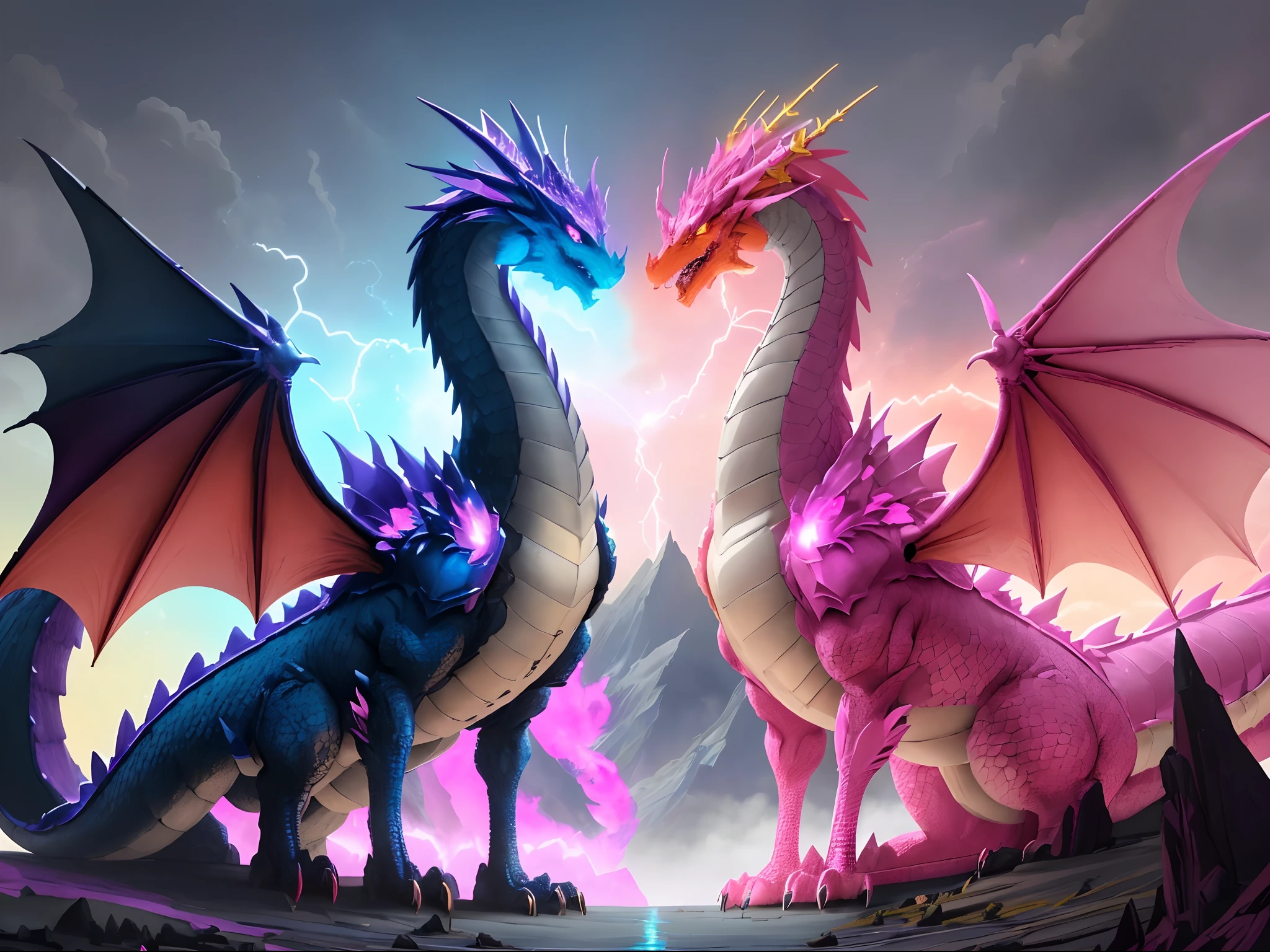a picture of a dragon with pink and yellow eyes and a purple tail, colossal dragon as background, colossal dragon in background, dragon in the background, dragon in dragon lair, pink glowing core in armor, crystal dragon, pink fire around magic arena, legendary dragon, style of duelyst, lightning dragons attack, draconic looking armor, painted in the style arcane