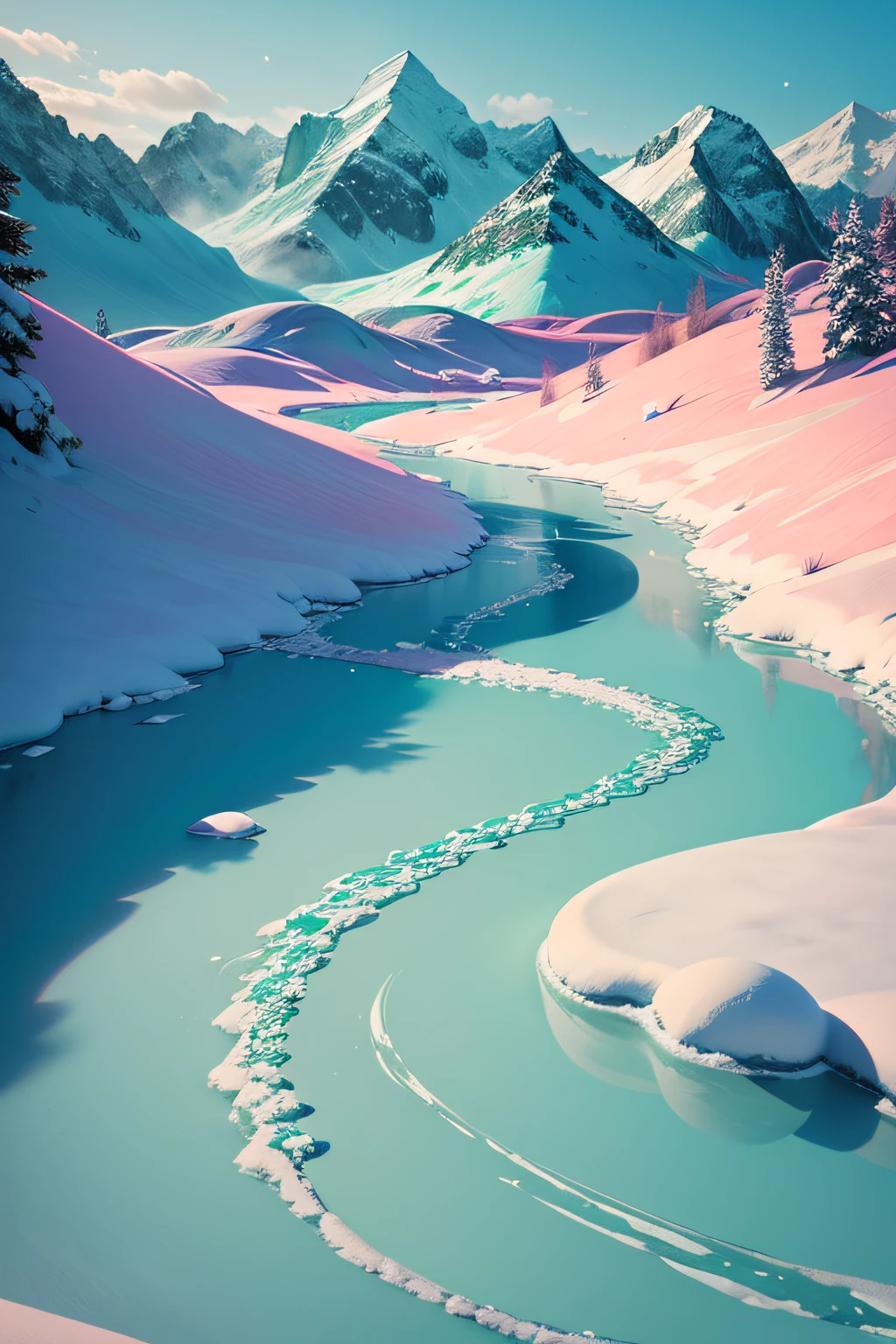 Frozen world, mint green snow and water. Snow is always following, the plants are never green, always shaped of purple, blue, yellow, red, orange ect. The mountains are puple, bpink and blue with mint green tips from the snow that covers it.