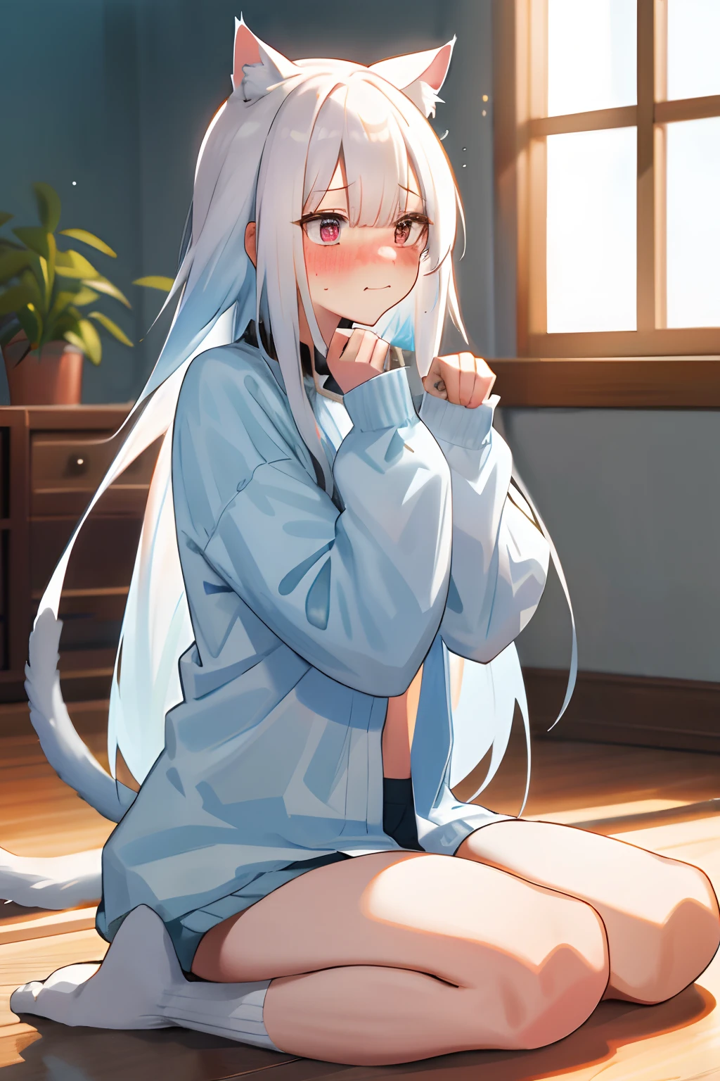 One girl with long hair, white hair, looking away, embarrassed, blushing, :3, indoor, naked oversized shirt, thigh , cat ears, cat tails, squating, cat pose, moe pose