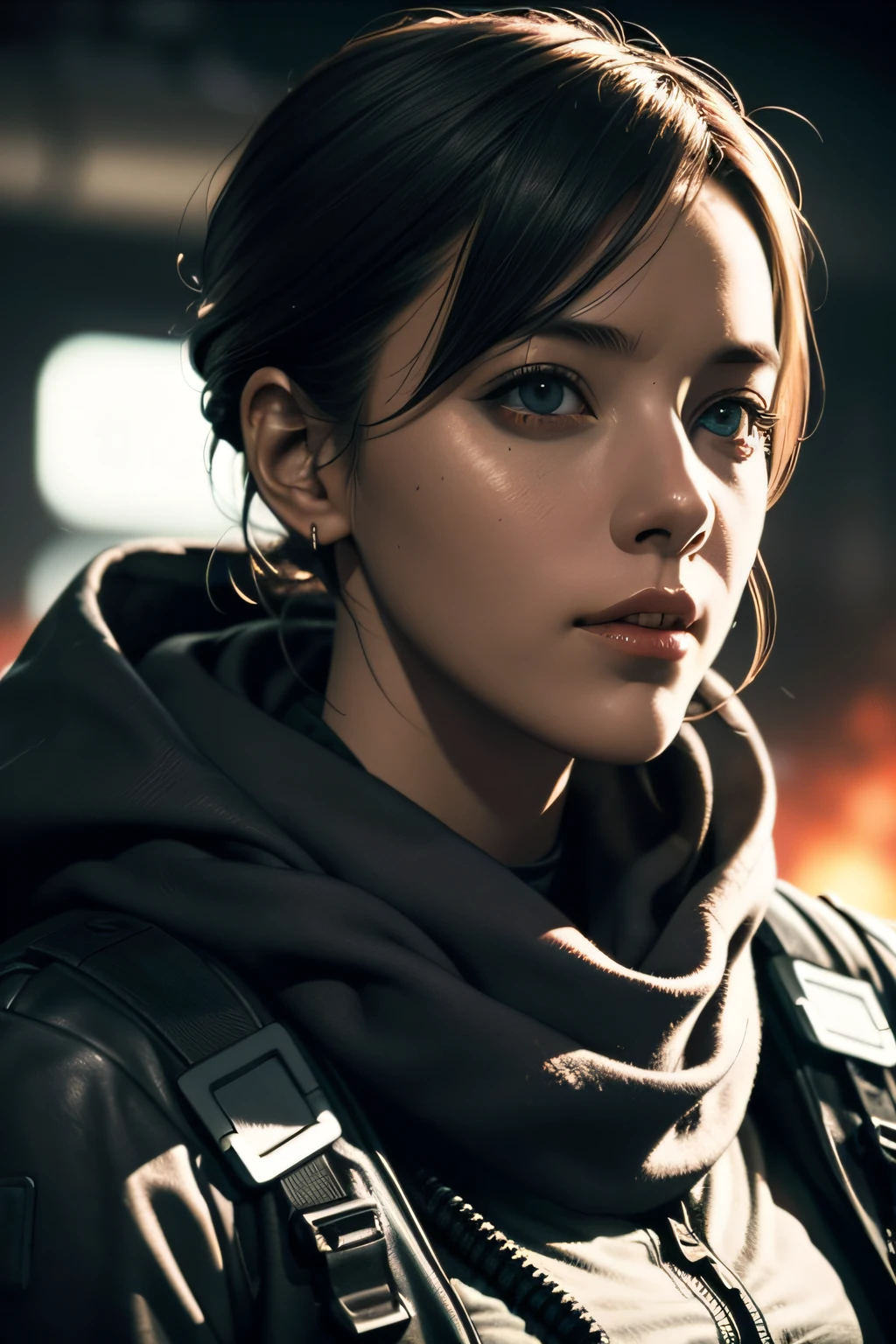 Portrait 1 young woman ,Science fiction, Complex background puncture, Mad MAX , Futuristic, Post-apocalyptic, Dark, Dim light, ((masutepiece, Best Quality, )),
