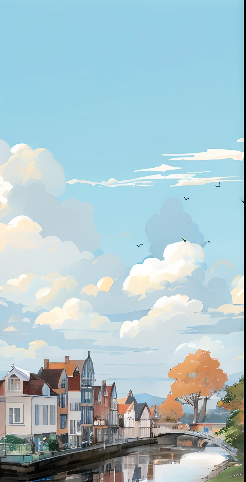 （High-quality work，Multi-detail work）There is a painting of a river，There are streets along the coast, detailed scenic view，Studio Ghibli Sky, beautifull puffy clouds.  Anime Cloud, 4 k hd illustrative wallpaper, amazing wallpapers, some cloud, Detailed sky