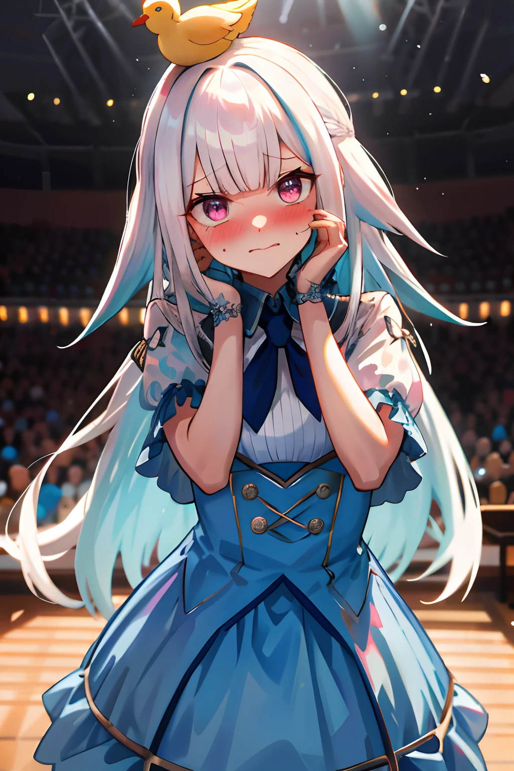 One girl with long hair, white hair, looking at viewer, embarrassed, blushing, indoor , idol dress, idol pose, duck on the head, sebastian