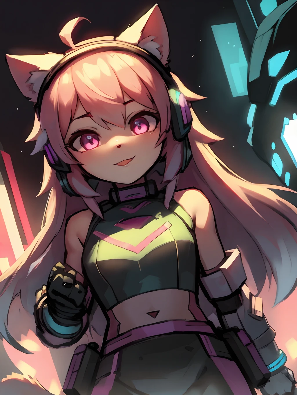 Cyberpunk girl with pink long hair,Q version,(ddlers,Ba adolable, cyberpunked, Cat Ear Headphones、Master masterpieces, hight resolution,8K,detailedbackground,hightquality,(((独奏))),looking at viewert,angle of view,From above,Dreams,Magical,baiyun,(Warm light source:1.2),Light steppe、Cyberpunk costumes、Cute Cyberpunk Girl