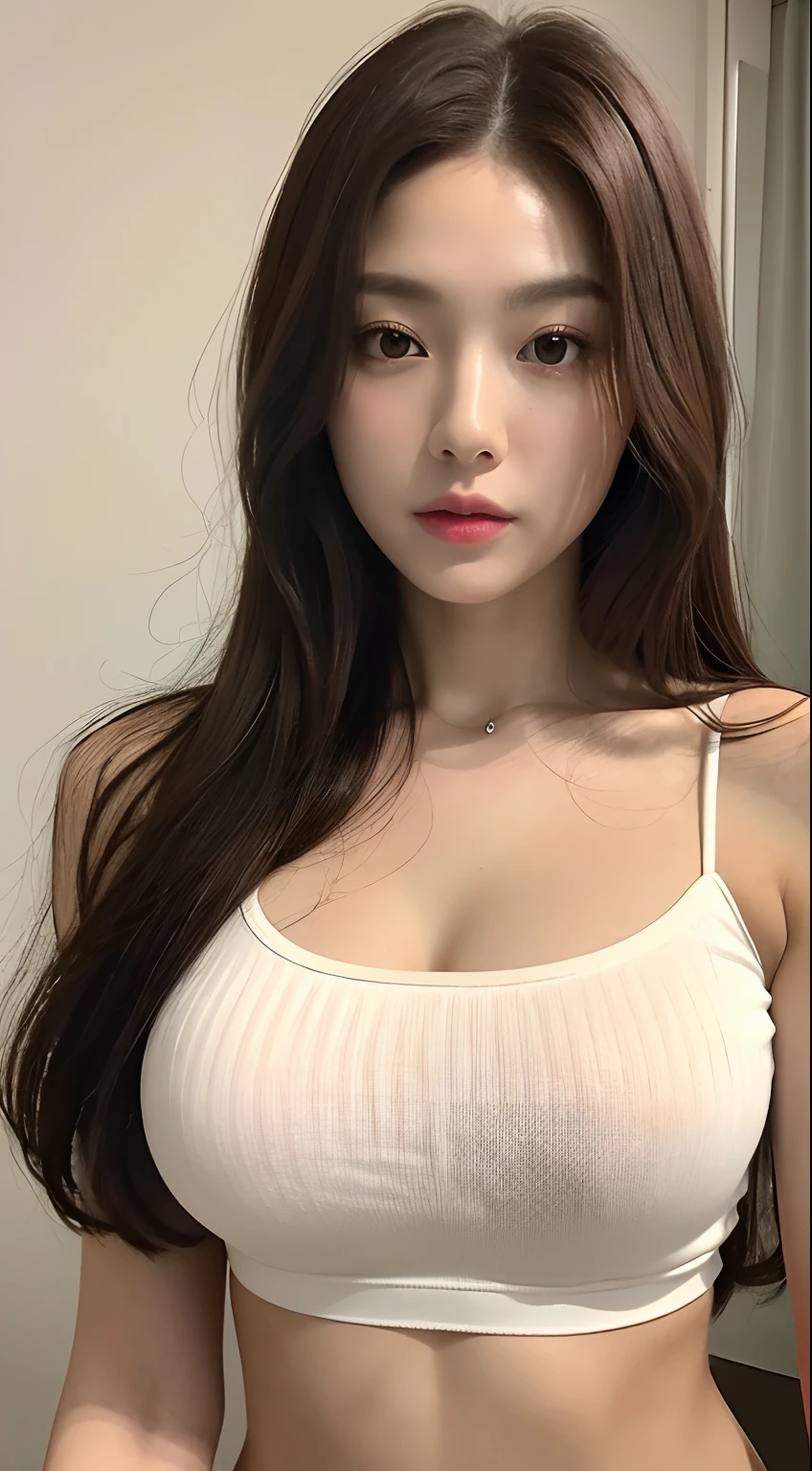 ((Realistic lighting, Best quality, 8K, Masterpiece: 1.3)), Clear focus: 1.2, 1girl, Perfect Figure: 1.4, big breast ((Dark brown hair)), (White crop top: 1.4), bedroom, Super fine face