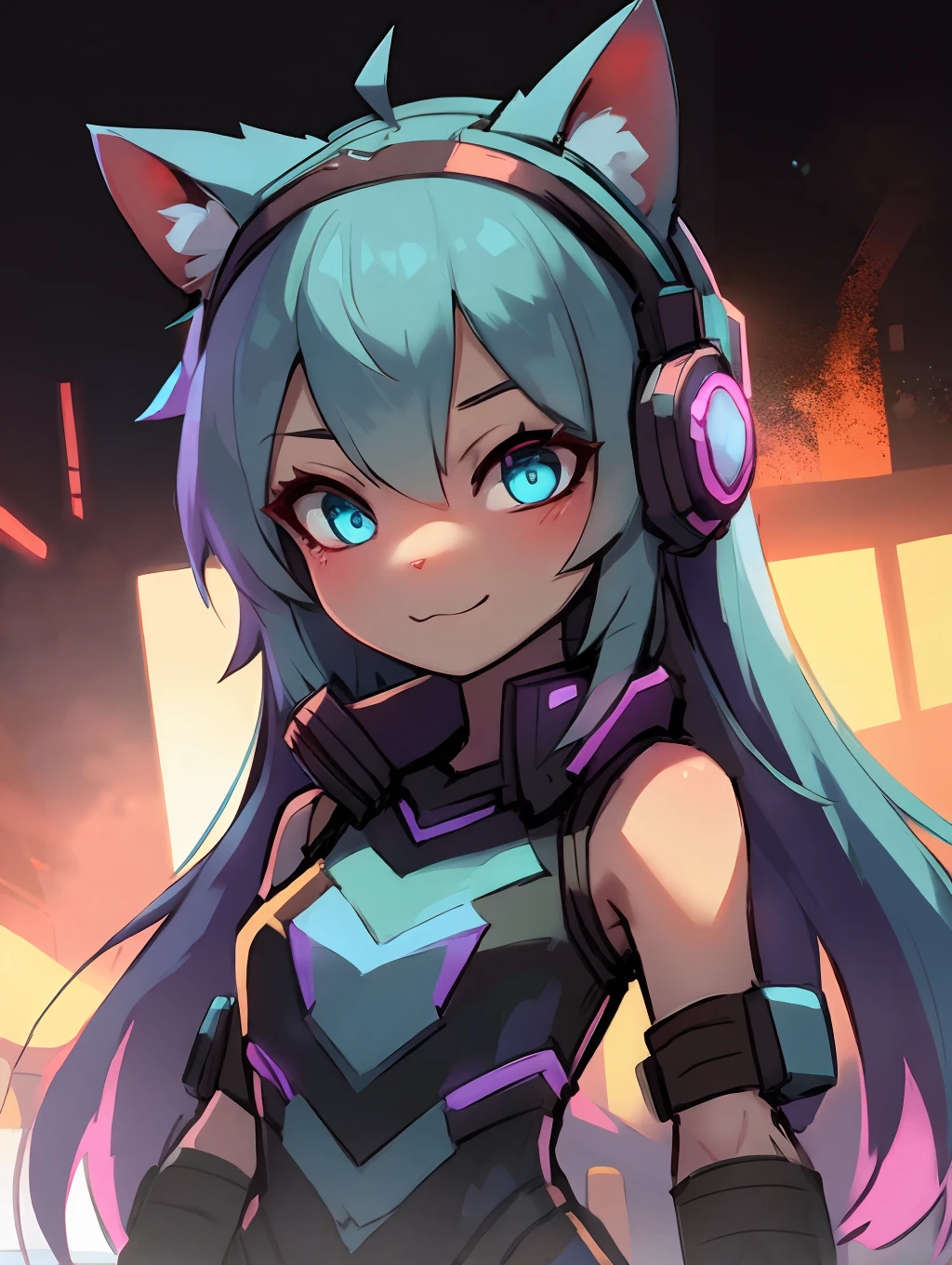 Cyberpunk girl with pink long hair,Q version,(toddlers,Baby), adolable, cyberpunked, Cat Ear Headphones、Master masterpieces, hight resolution,8K,detailedbackground,hightquality,(((独奏))),looking at viewert,angle of view,From above,Dreams,Magical,baiyun,(Warm light source:1.2),Light steppe、Cyberpunk costumes、Cute Cyberpunk Girl
