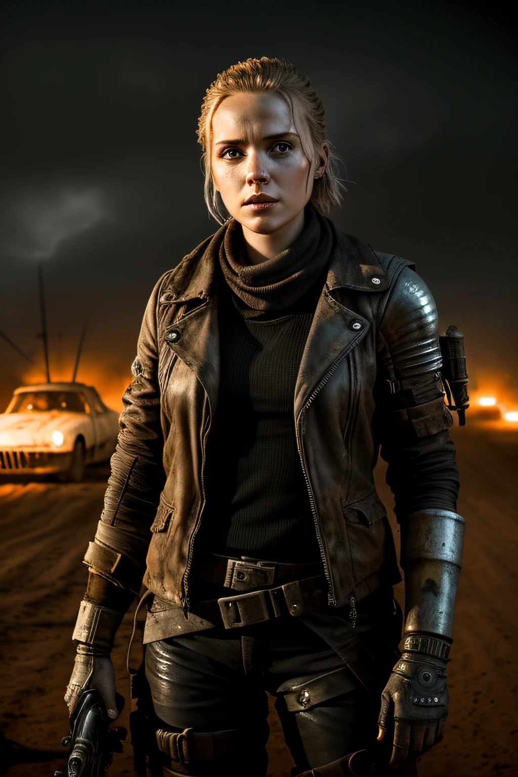 Portrait ung woman ,Science fiction, Complex background puncture, Mad MAX , Futuristic, Post-apocalyptic, Dark, Dim light, ((masutepiece, Best Quality, )),