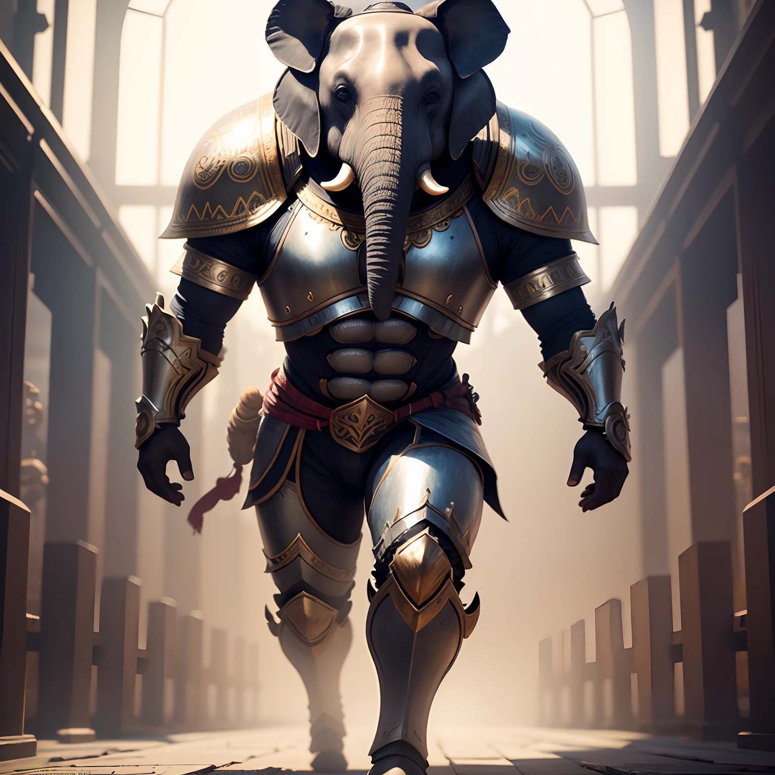 Super cute elephant warrior in realistic 4K armor, full entire body,Super Detailed, Vray Display, Unrealistic engine, Midjourney Art Style.