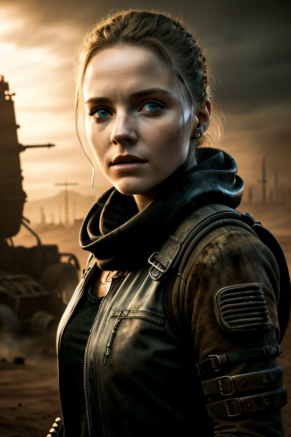 Portrait 1 young woman ,Science fiction, Complex background puncture, Mad MAX , Futuristic, Post-apocalyptic, Dark, Dim light, ((masutepiece, Best Quality, )),
