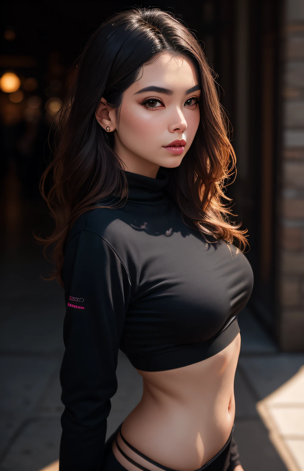 high angle photo of a gorgeous young woman in the style of stefan kostic, realistic skin texture, black sweatshirt, 1 / 2 body crop, 8 5 mm art lens, f 1. 2, sharp focus, 8 k high definition, insanely detailed, intricate, elegant, art by stanley lau and artgerm