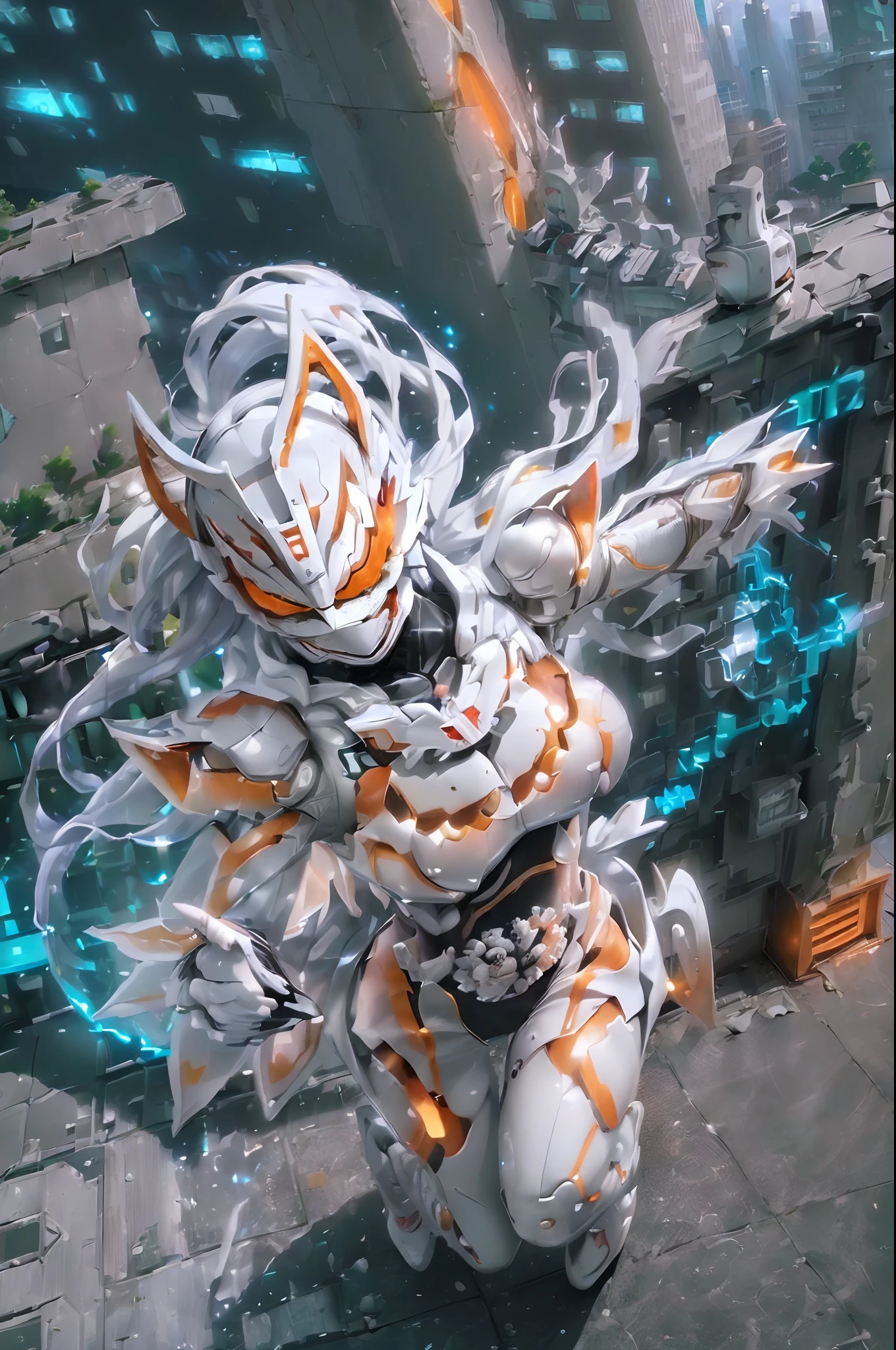 (White Mask Suit、Full body、the eyes are orange:1.7)1girl in(slenderbody、Colossal tits、Long silver hair:1.5)Hair that flutters in the wind、(1 Model pose with a long gun in one hand:1.7)Background of Cyberpunk 2077, Raw photo, Highest Quality, masutepiece, high-definition RAW color photography, professional photograpy, the Extremely Detailed CG Unity 8K Wallpapers, Photorealism, hight resolution, hyperdetails, Photorealistic, Best Quality, extremely delicate and beautiful illustration, Perfect Anatomy, Detailed eyes, (Eyes half closed), beautiful detailed background,neon trim、(dynamic ungle:1.2)(BREAK)(Cyber Zipangu,Kyoto image、Old temple、Sateen、lightning bolt:1.5)Cinematic Light,