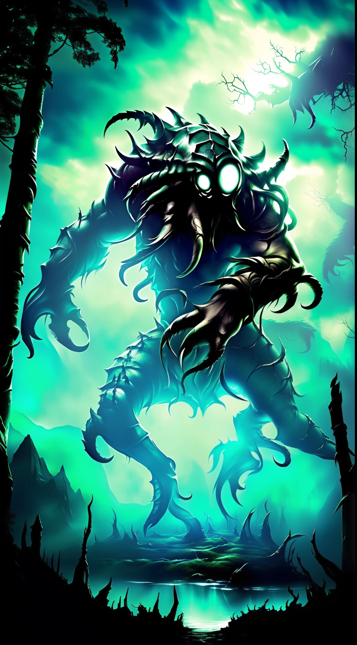 zrpgstyle, from_side from_below dark swamp eldritch monster (skull face:1.2) creature with (octopus tentacles:1.2) rising out of the water moss slime vines churning water fireflies midnight moonlight backlight (masterpiece:1.2) (best quality) (detailed) (intricate) (8k) (HDR) (wallpaper) (cinematic lighting) (sharp focus)
