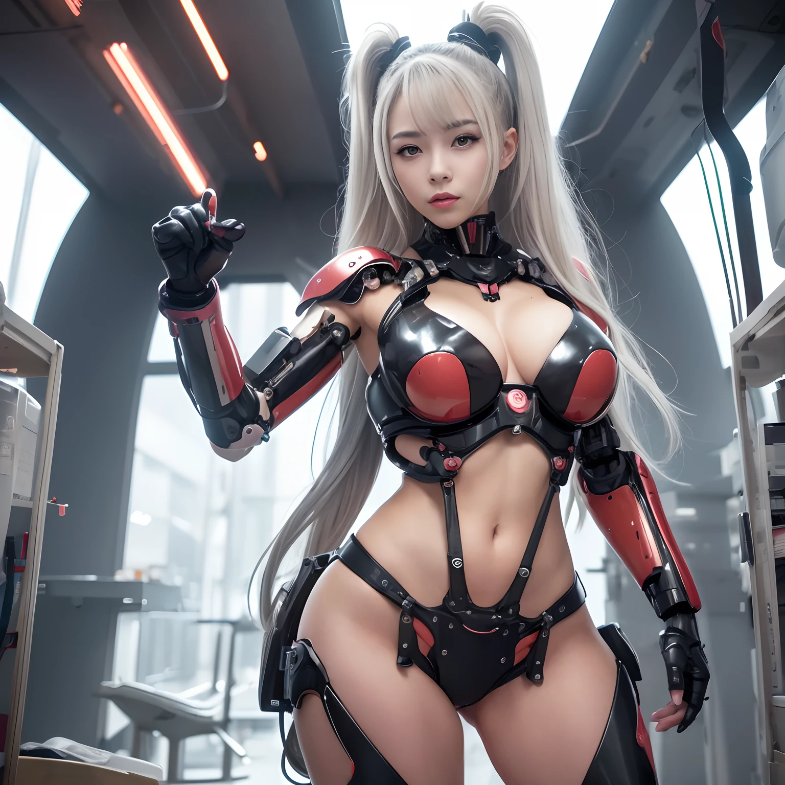 Beautiful Face,face is Japan, 1 Woman, Big, Curvaceous, (16k, RAW photo, top quality, masterpiece: 1.2), (HDR, Realistic, Photorealistic: 1.37) (tube attached to the body), (Bikini Cyborg robot parts)))), (light gray hair), Long hair, Wavy hair, Twin tails, Medium shot, ( Seductive smile)), (black eyes), double eyelids, princess cut, from below, (whole body),posing,,in the lab,( tube connected to blood vessel),((mechanical vertebrae attached to the back)),((mechanical neck attached to the neck)),(wire and cable attached to head and body),(character focus),science fiction,perfect female figure,perfect anatomy, hyperanatomy, full body shot, up to four fingers and one thumb relationship,