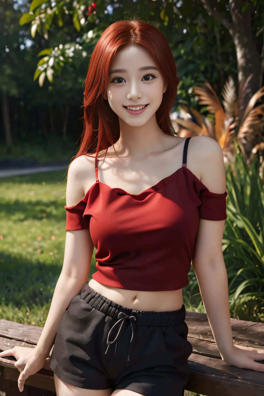 (high quality, ultra-detailed, photorealistic: 1.37), outdoors, a beautiful girl, smiling, adorable smile, red hair, dressed in black shorts and a red shirt, bare shoulders, bra strap showing
