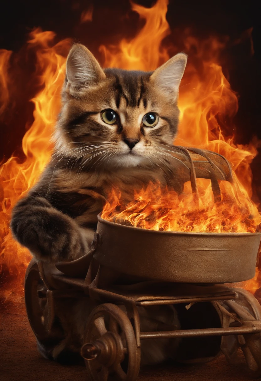 cats with fire background holding a pancart with text "feed us"