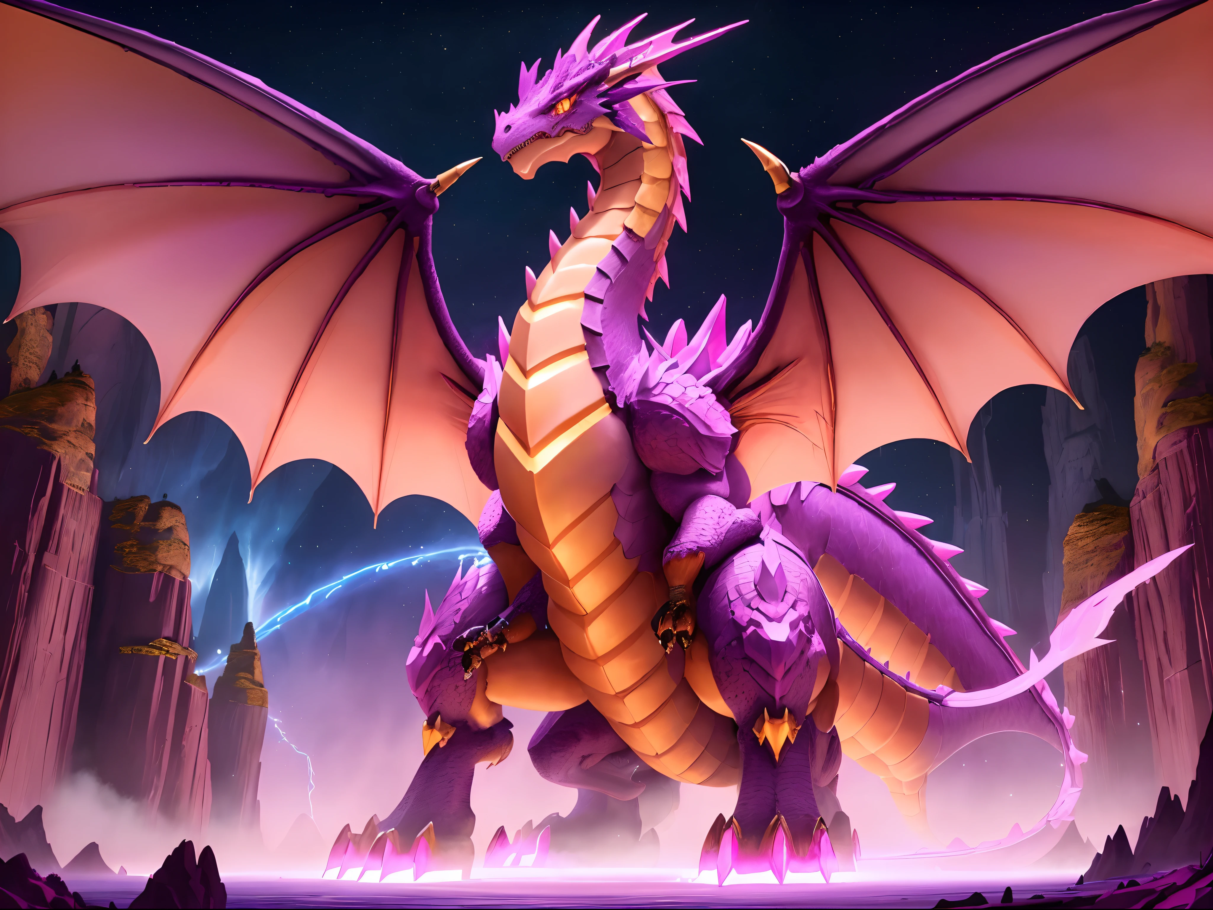 a picture of a dragon with pink and yellow eyes and a purple tail, colossal dragon as background, colossal dragon in background, dragon in the background, dragon in dragon lair, pink glowing core in armor, crystal dragon, pink fire around magic arena, legendary dragon, style of duelyst, lightning dragons attack, draconic looking armor, painted in the style arcane