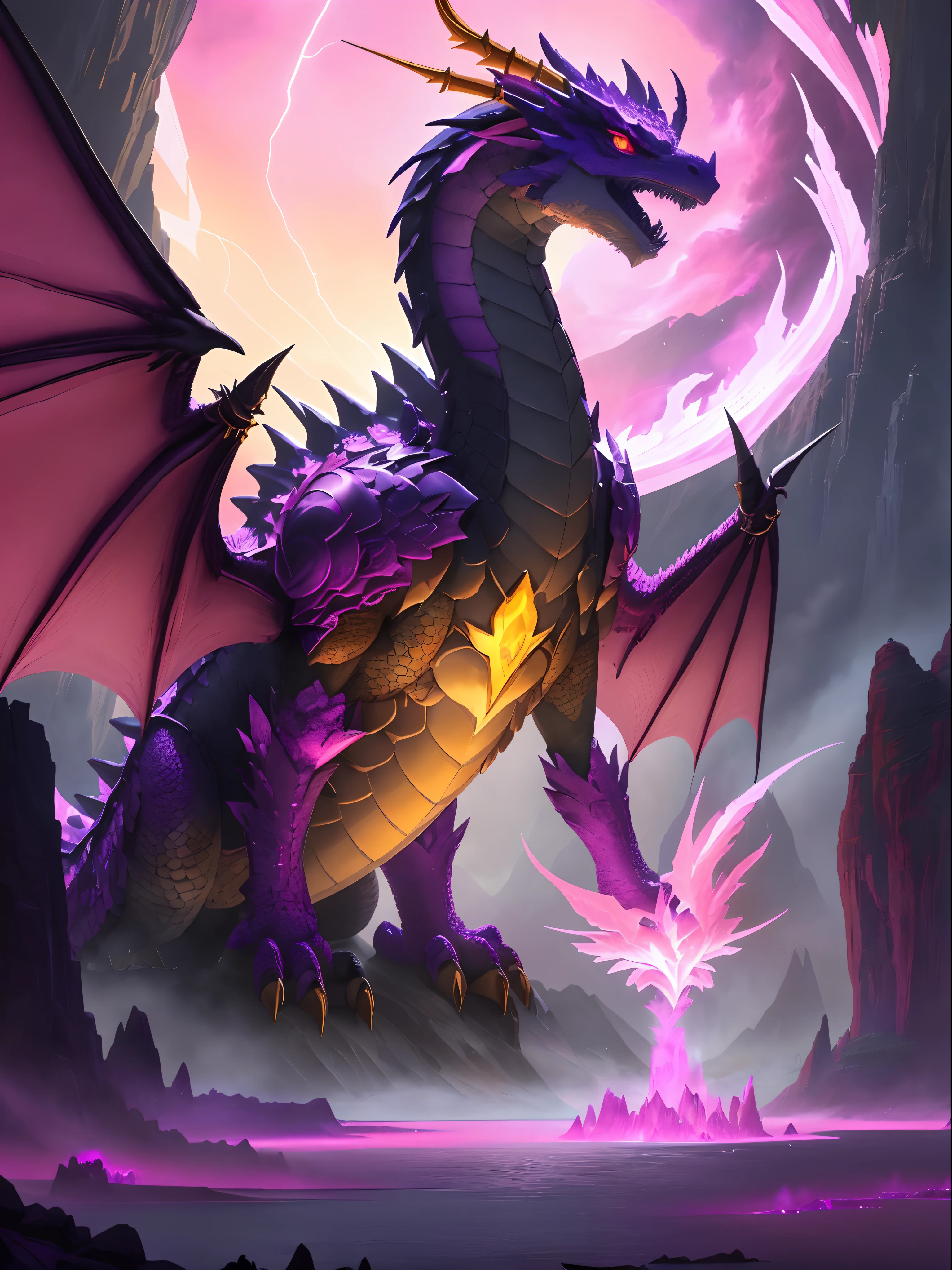 a picture of a dragon with pink and yellow eyes and a purple tail, colossal dragon as background, colossal dragon in background, dragon in the background, dragon in dragon lair, pink glowing core in armor, crystal dragon, pink fire around magic arena, legendary dragon, style of duelyst, lightning dragons attack, draconic looking armor, painted in the style arcane