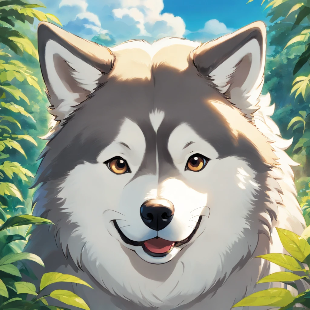 A malamute looking into the camera with a look of surprise and confusion, Looking with his head turned sideways, num lindo jardim
