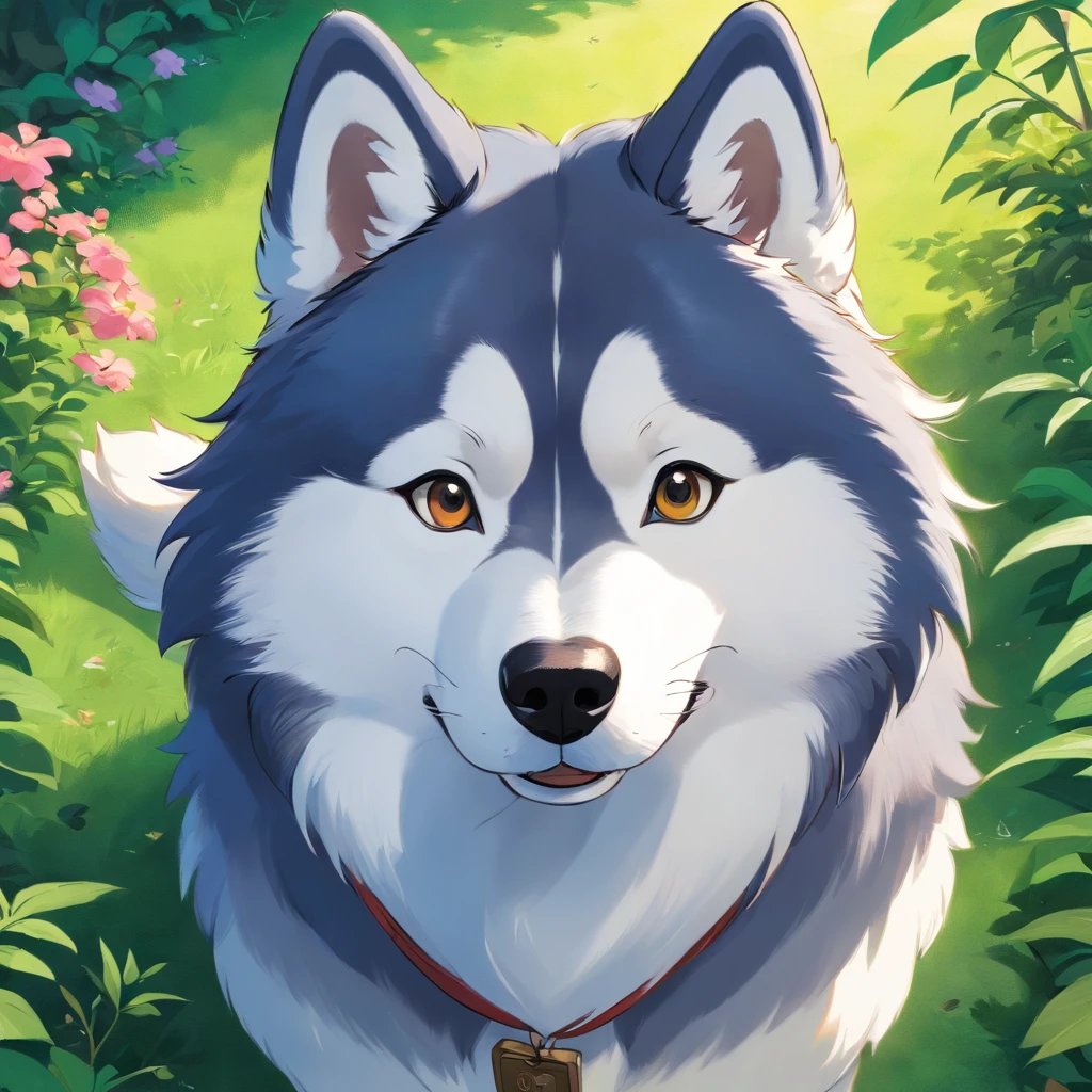 A malamute looking into the camera with a look of surprise and confusion, Looking with his head turned sideways, num lindo jardim