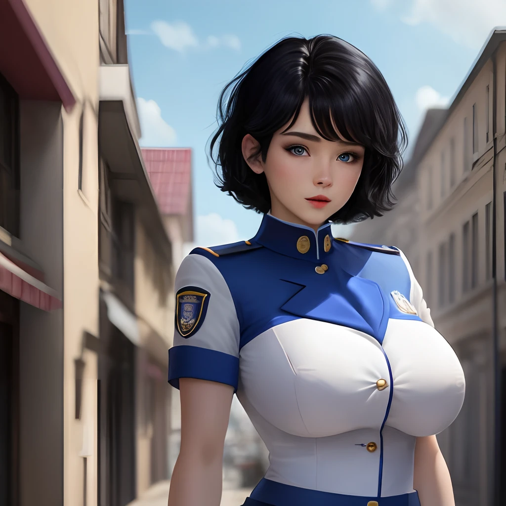 Black Hair, Short Hair, Blue Eyes, Big Tits, Uniform