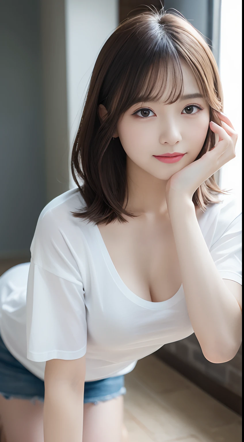 (professional portrait、professional writing)、highest quality, Detailed workmanship、high resolution、(8K, High resolution:1.2)、(RAW photo, photorealistic:1.3)、masterpiece、slender body shape、high definition face、Face is in focus、high definition eyes、(Focused, symmetrical pupils:1.2)、High-definition and beautiful skin、firm skin、natural makeup、gross lip, High-definition hair texture、 japanese woman、17 years old、short hair, nurse、nurse break (White nursing uniform、white nurse uniform:1.3) break on the hospital bed、(lying down on one’s back:1.3), (hugging tightly own breast by arms:1.3), very cute, (very embarrassed:1.3), (blush:1.1), (afraid:1.3), (Looking up at the camera:1.3)、(shot from above:1.3), open mouth:1.1、cleavage