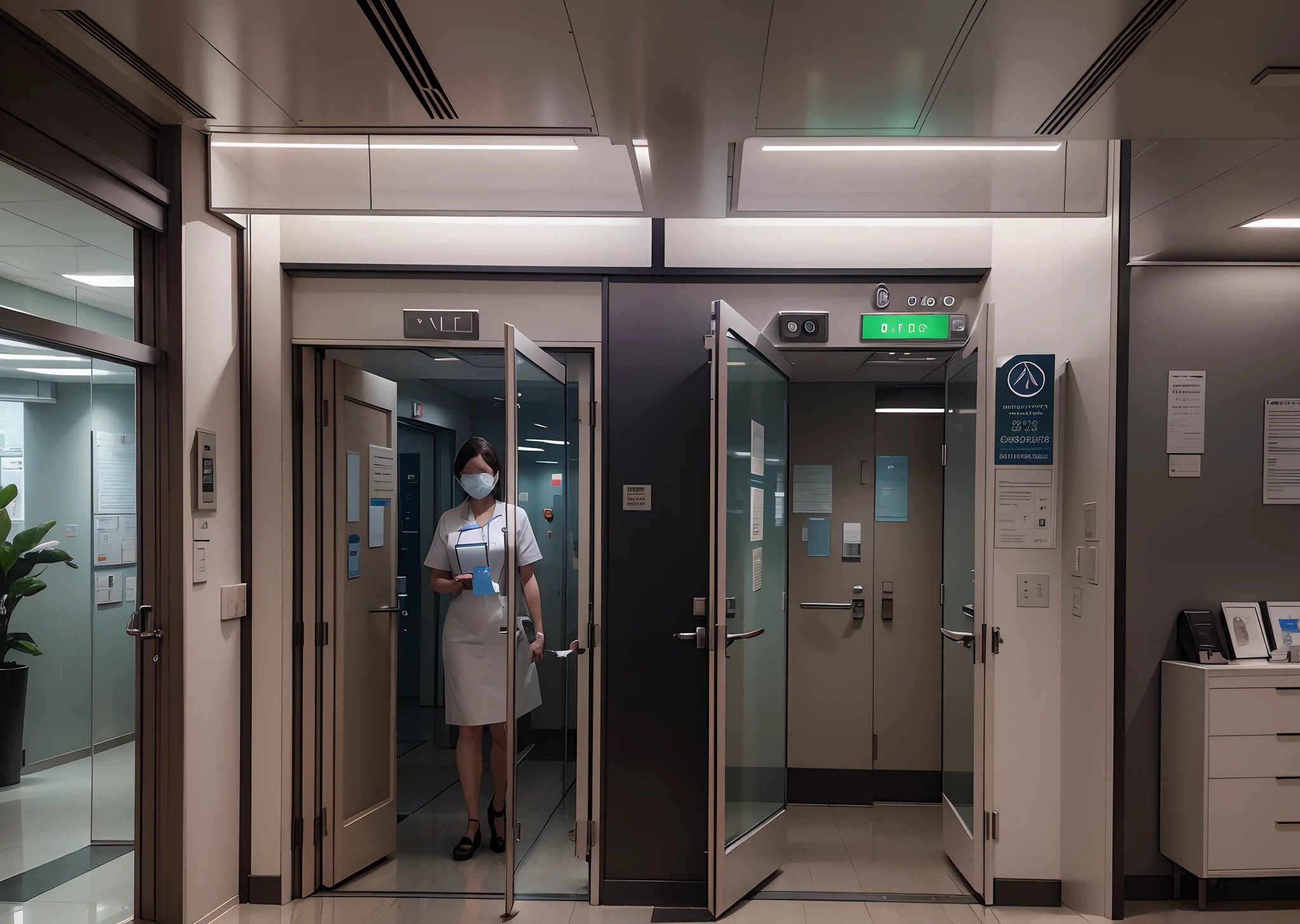 (best quality,4k,8k,highres,masterpiece:1.2),ultra-detailed,(realistic,photorealistic,photo-realistic:1.37),brightly lit, (modern, futuristic:1.1), high-ceilinged HOSPITAL ENTRANCE with floor-to-ceiling glass walls,[spacious, clean],steel structure, [reflective flooring],shining, [polished counters],comfortable chairs for waiting, [medical equipment],well-dressed [nurses and doctors],[welcoming reception desk], [colorful signs and directions], [lush indoor plants], [natural light streaming in], [wide glass doors], [disabled access ramp], [hand sanitizer stations], [calming artwork on walls], [serene atmosphere], [busy yet organized], [crowd of people] going in and out, [Pleasant ambient music], [digital displays showing hospital information], [quiet hum of conversation], [anticipatory energy].