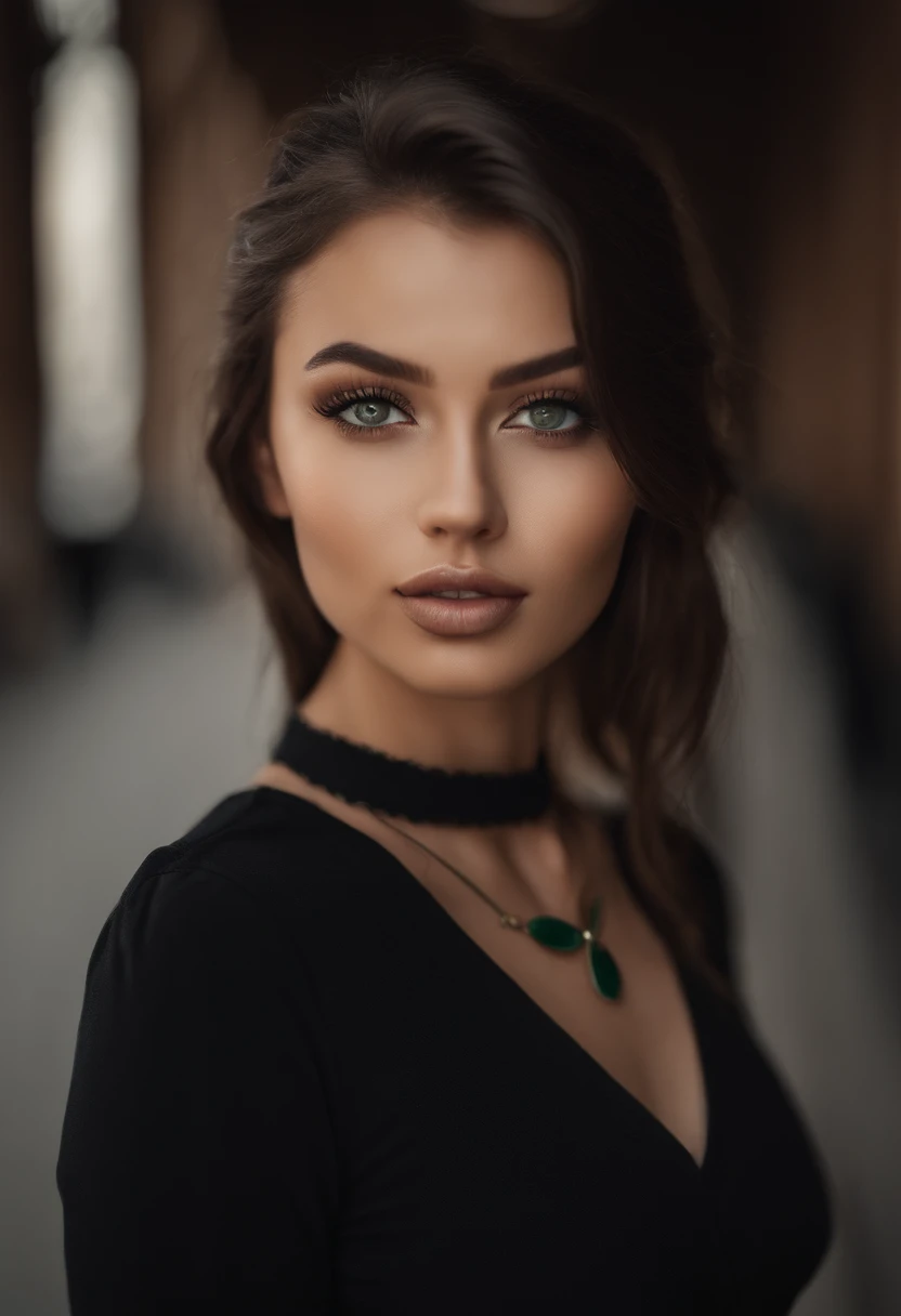 Oriental women,choker necklace, Sexy girl with green eyes, portrait sophie mudd, brown hair and large eyes, selfie of a young woman, Chamber eye, Violet Myers, Make-up-free, natural makeup, staring right into camera, face with artgram, Subtle makeup, Great full body photo, Piercing green eyes, beautiful angle, Attractive posing, garota fofa, Sexy pose, Full body image, full bodyesbian, full body shot of, black haired goddess, High detail, satisfied pose, Wear a gray skirt and boots, a skirt, boots