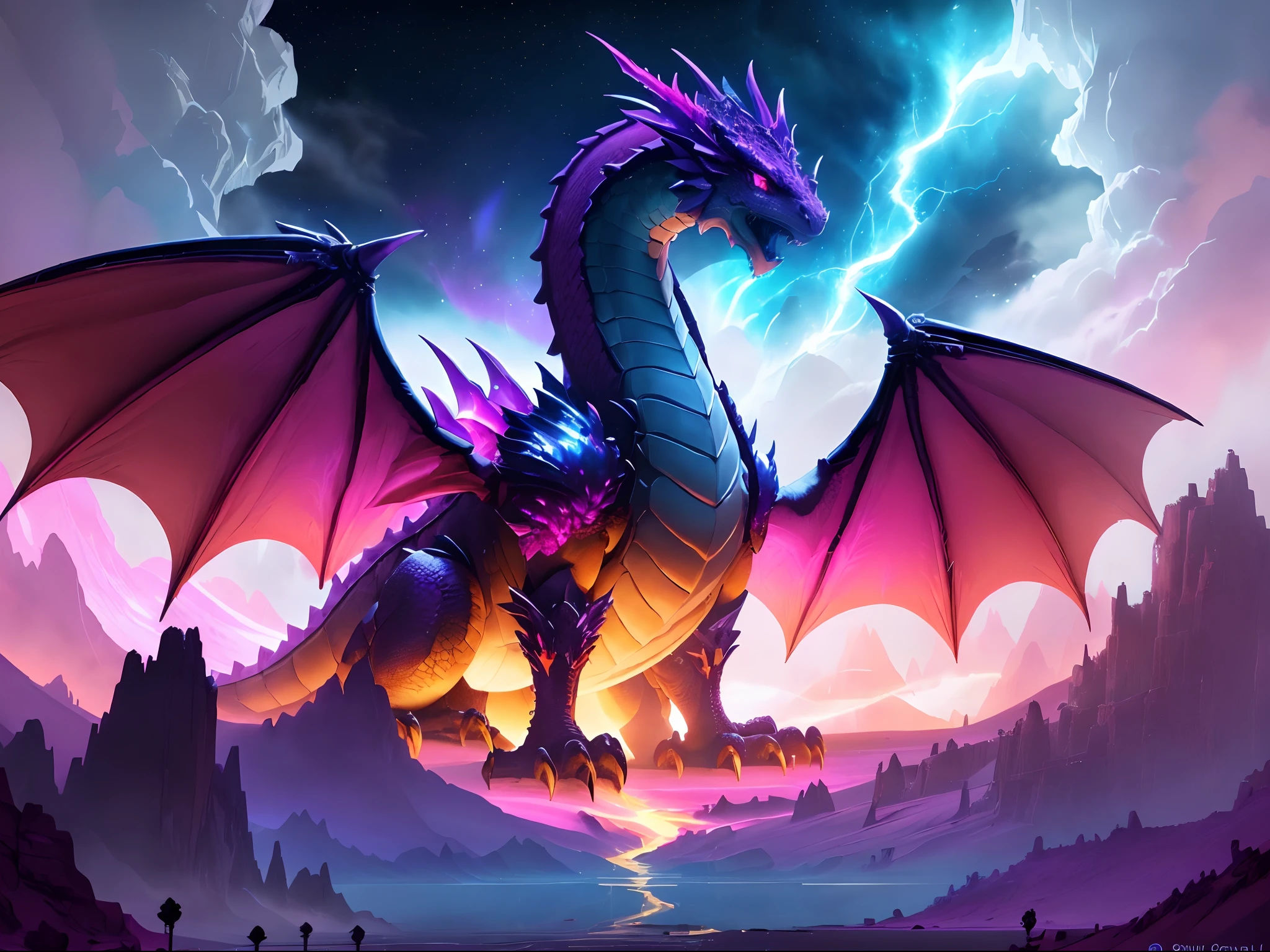 a picture of a dragon with pink and yellow eyes and a purple tail, colossal dragon as background, colossal dragon in background, dragon in the background, dragon in dragon lair, pink glowing core in armor, crystal dragon, pink fire around magic arena, legendary dragon, style of duelyst, lightning dragons attack, draconic looking armor, painted in the style arcane