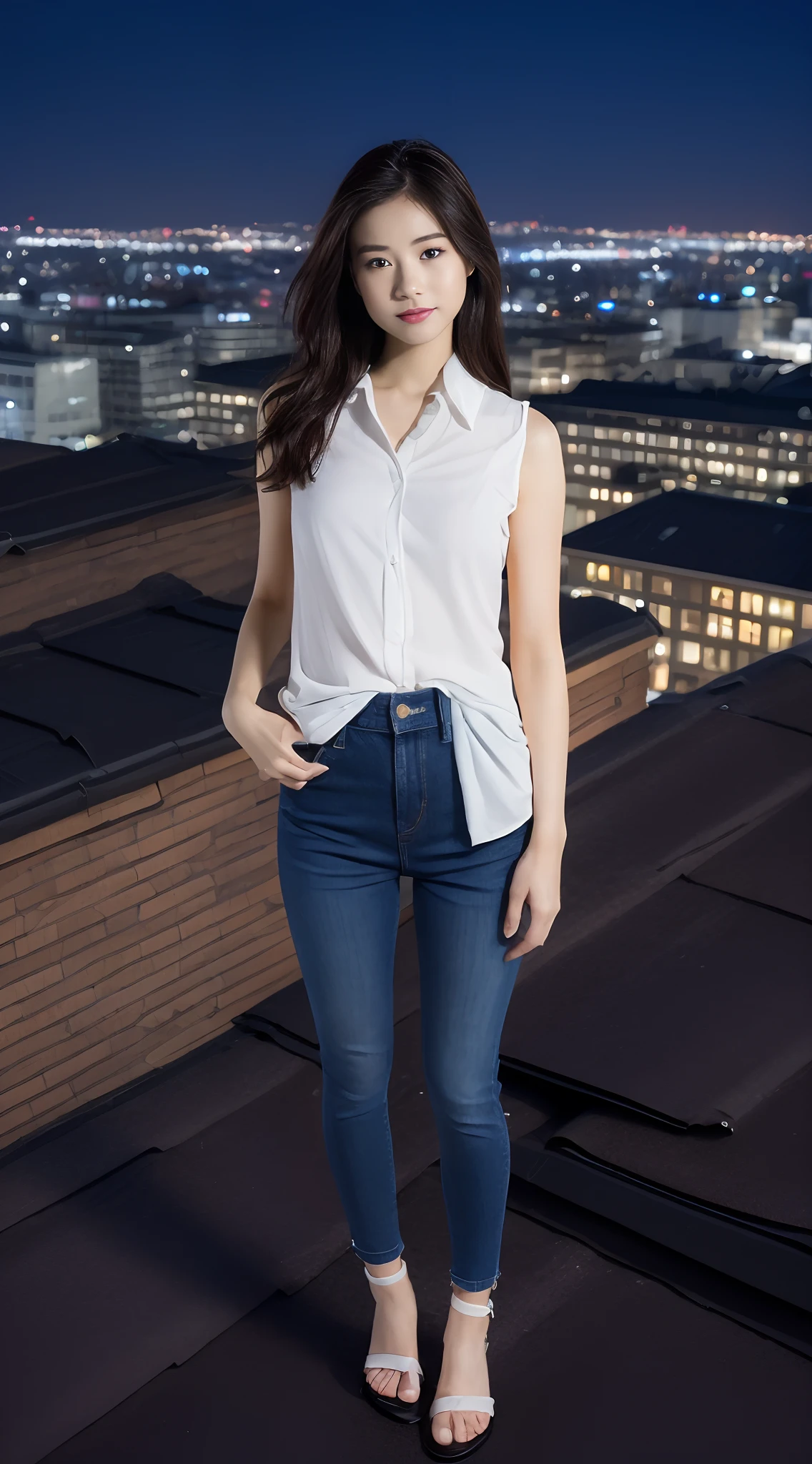 ((midynight, Need, 8K, tmasterpiece:1.3)), full bodyesbian, Long legs, Focalors:1.2, Slim figure beauty:1.4, Slim abs:1.1, ((Medium long straight hair,Dark brown hair, mediuml breasts:1.2 )), (White loose button shirt,Long low-rise flared jeans,detailed outfits:1.2), (standing on your feet:1.2), ((city night scene, the roof:1.3)), Highly detailed facial and skin texture, A detailed eye, 二重まぶた,Fair and well-proportioned legs,Wear sandals,Reveals tender white toes,fully body photo