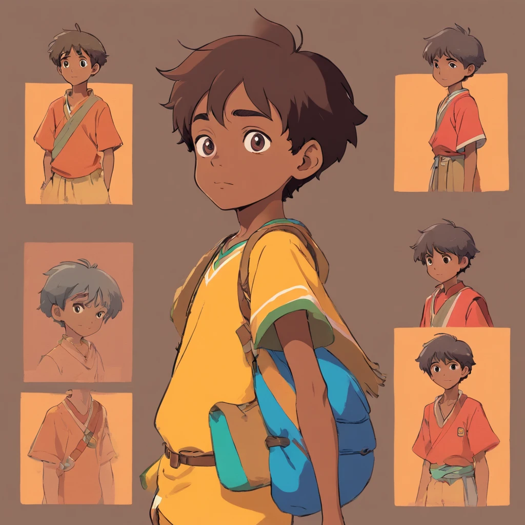 A young African boy, character design sheet, character turnaround