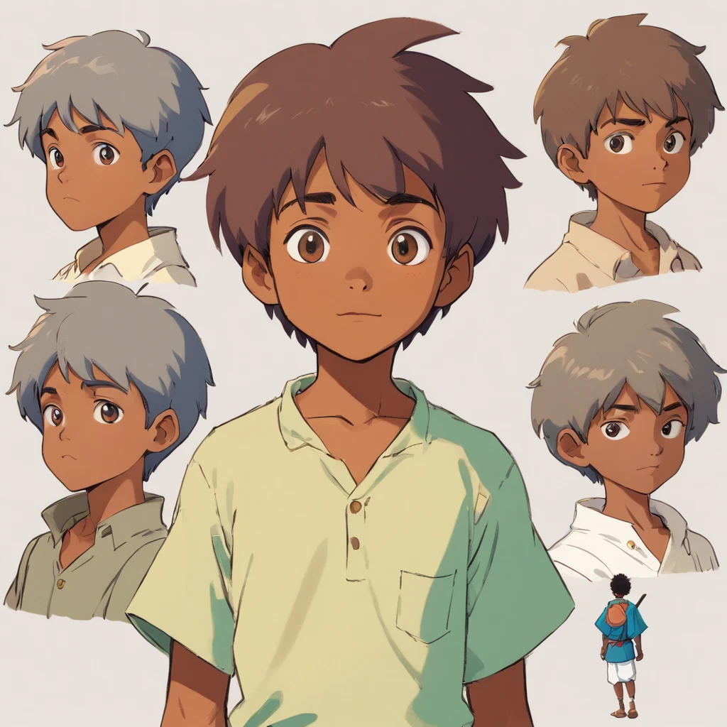 A young African boy, character design sheet, character turnaround