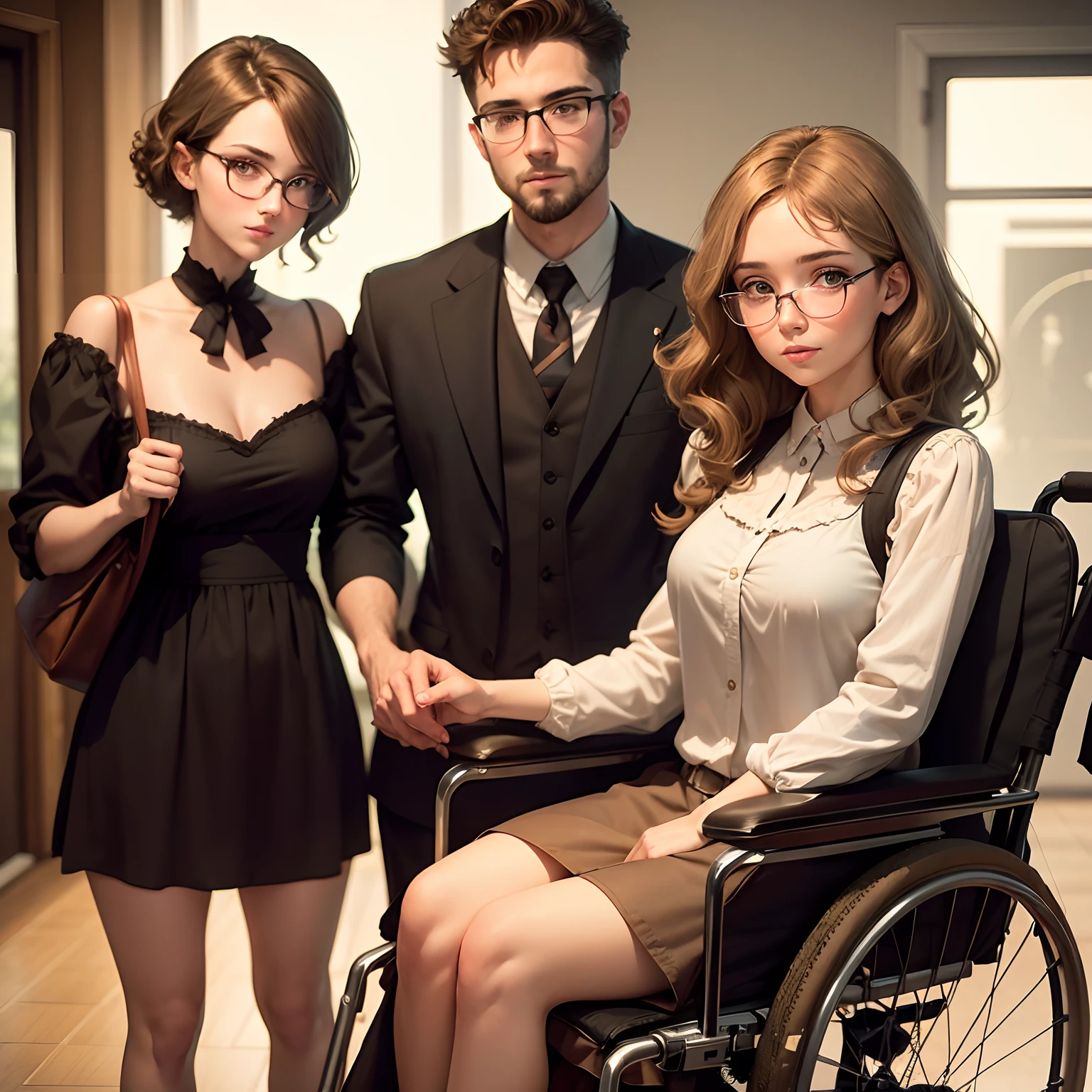Angelica Sayre (((slender))((short)) curly light brown hair,  wire rimmed glasses) in a wheelchair, beside her ((standing)) boyfriend Chad Seier. A pretty blonde woman in a short dress faces the viewer in the background.